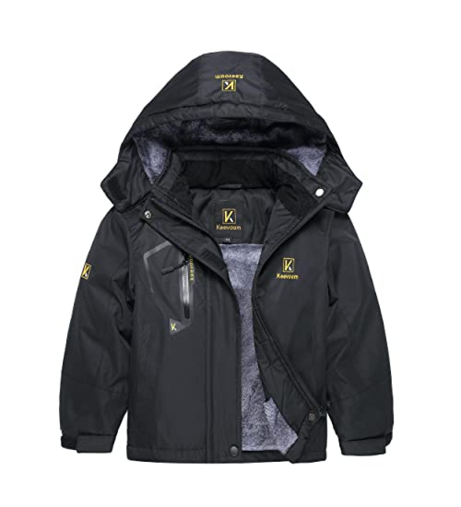 Keevoom Girl's Waterproof Ski Jacket | Fleece Snow Coat with Removable Hood | Size 8-9 | Black - Buy Online on GoSupps.com