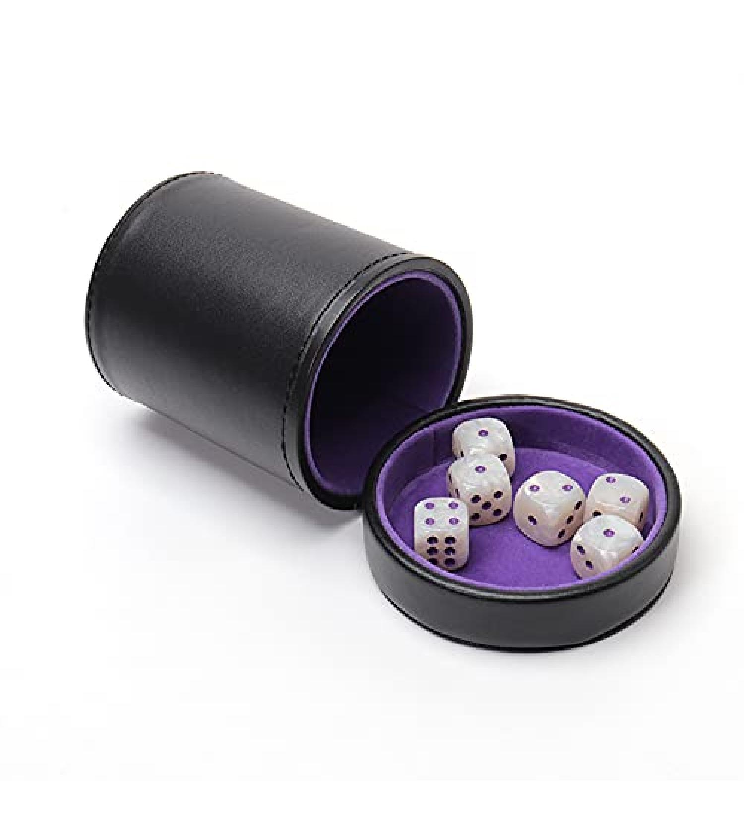 Luck Lab Leather Dice Cup with Lid and 6 Matching White/Purple Dice - Purple Velvet Interior - Ideal for Board Games - Black - Buy Online on GoSupps.com