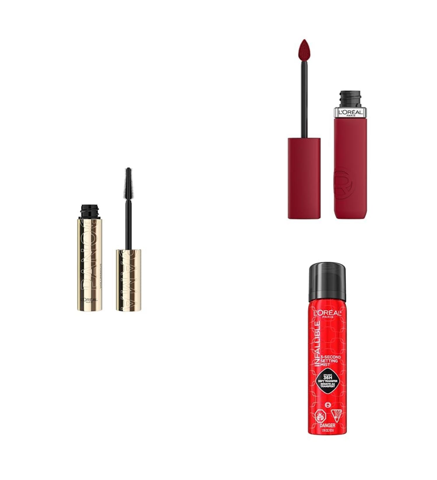 L'Oreal Paris Makeup Kit SIGNATURE LOOK Matte Resistance Rouge Paris Liquid Lipstick Voluminous Panorama Mascara Infallible Setting Spray