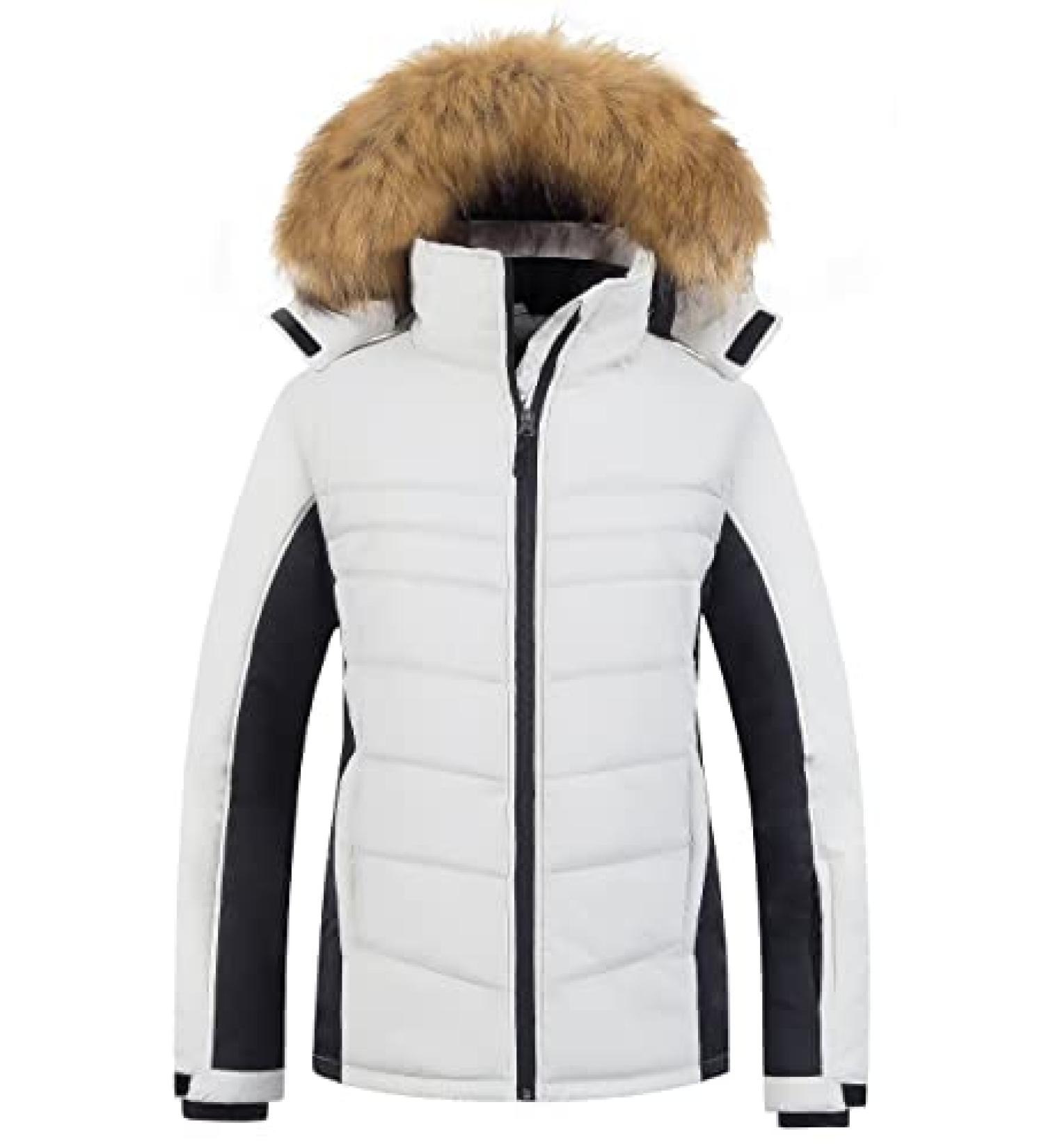 Pursky Women's Waterproof Ski Jacket - Winter Puffer Snow Coat with Fur Hood - X-Large White Black - Buy Online on GoSupps.com
