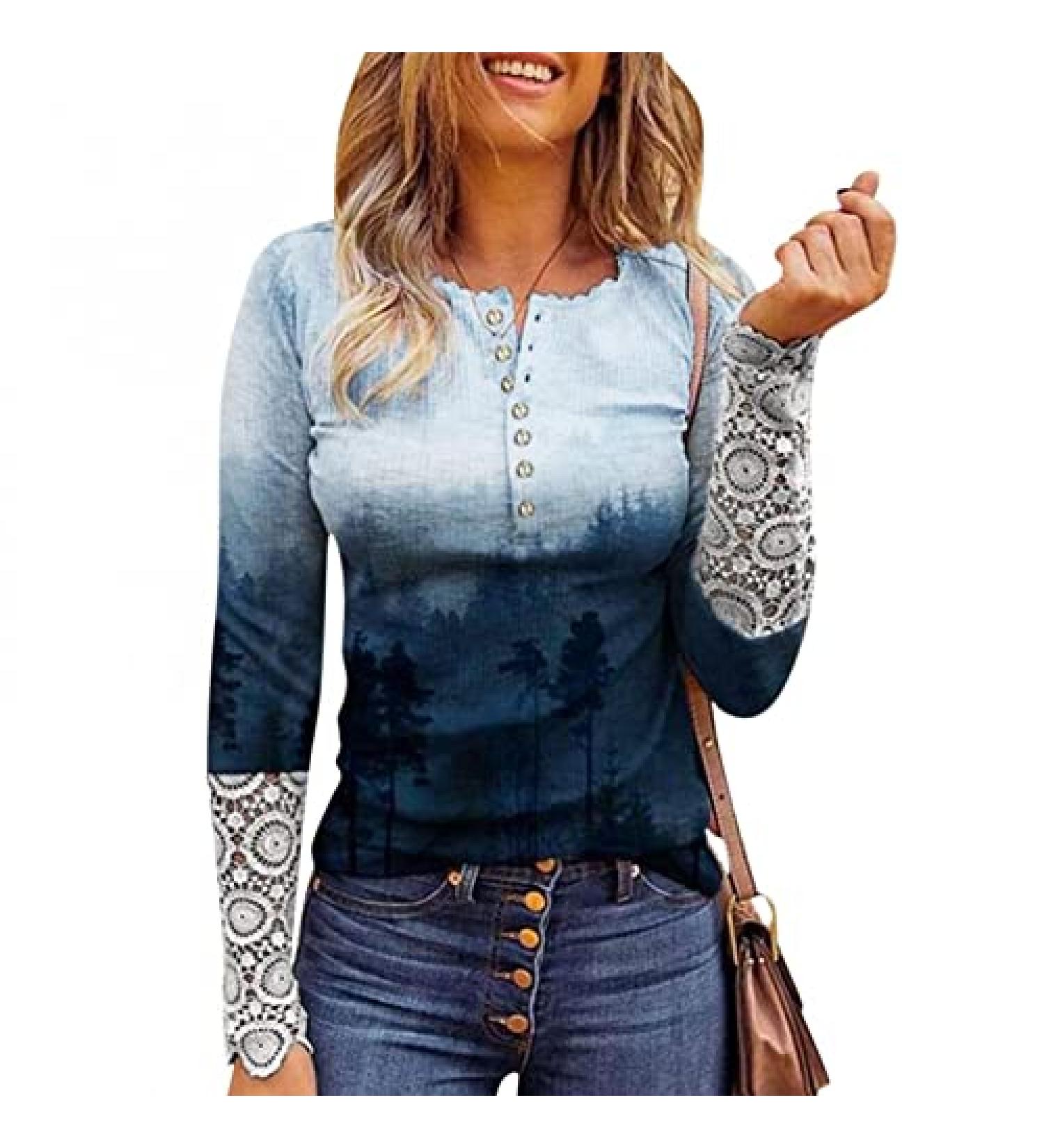 Women's Fitted Ribbed Knit Henley T-Shirt | Long Sleeve Tunic Lace Top | Casual Button Down Blouse - Small Blue - Buy Online on GoSupps.com