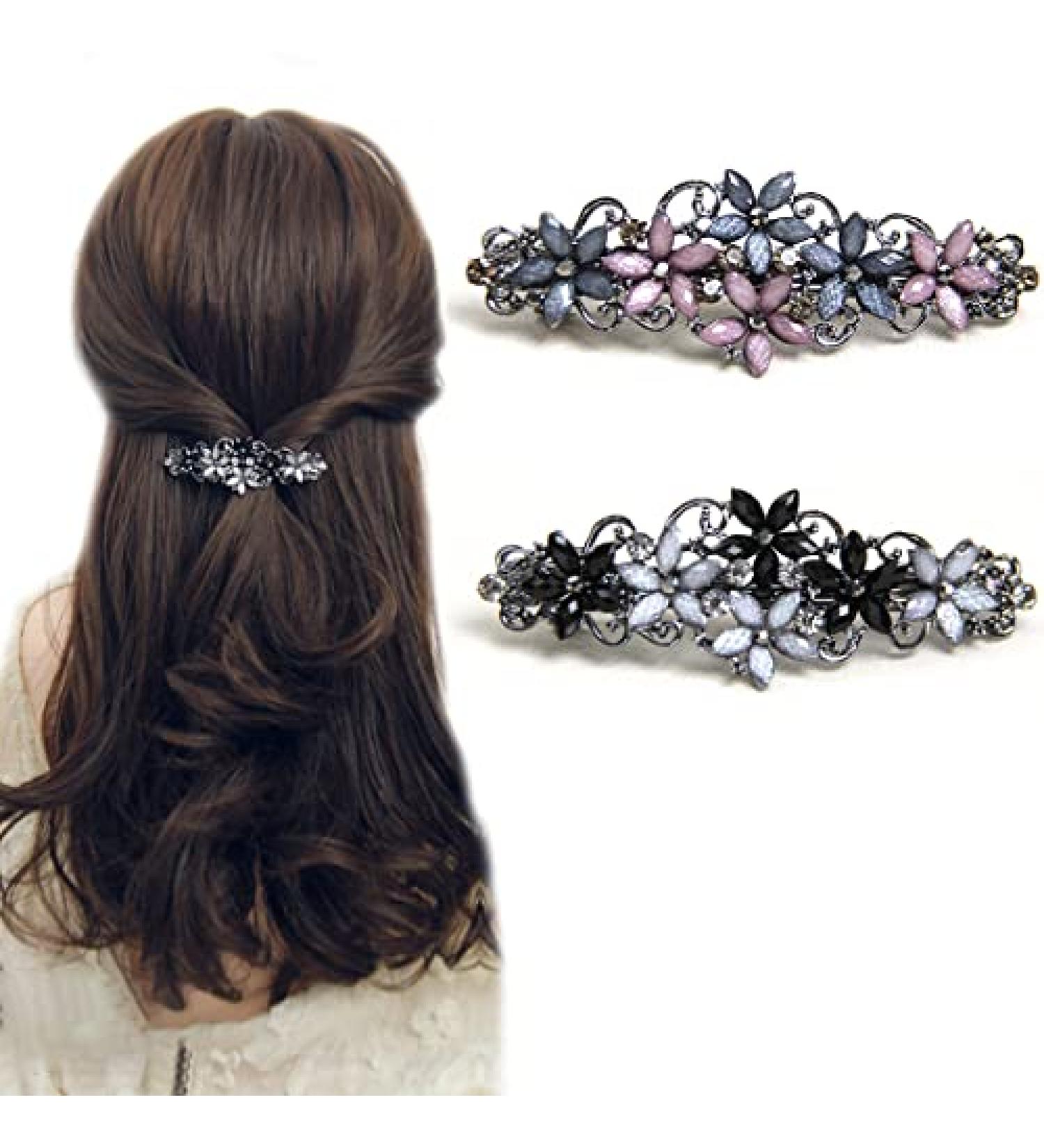 Elegant Hair Clips Set | Menyiyds 2 Pcs Sparkling Glitter Hair Accessories for Women & Girls | Fashionable Flower Wreath Hairpins in Dark Gray & Pink - Buy Online on GoSupps.com