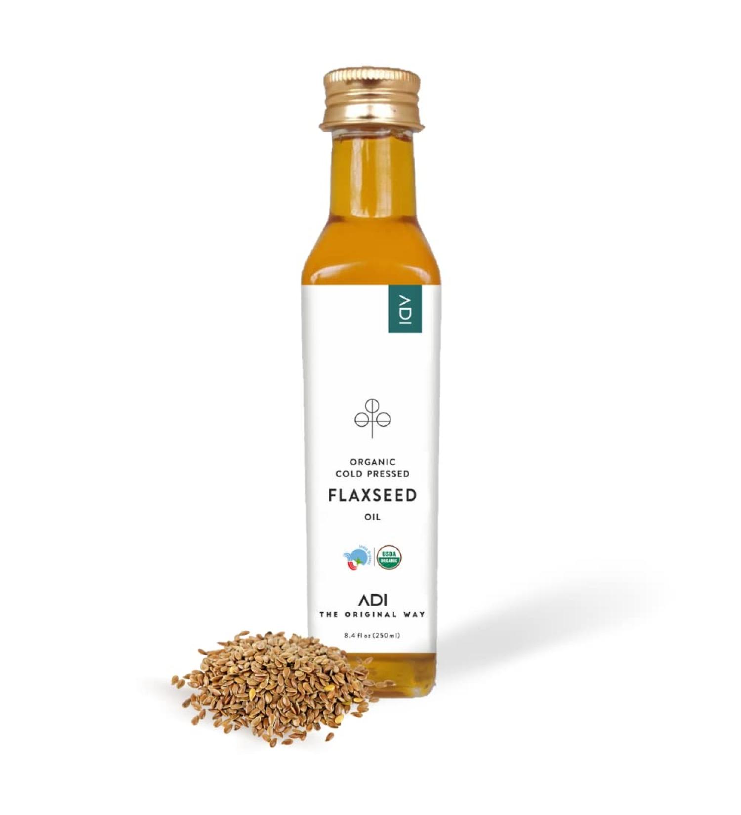 ADI Organic Flaxseed Oil 8.8 fl oz - Cold Pressed & Unrefined | USDA Certified, Non-GMO Vegan | Promotes Healthy Heart, Hair & Skin | Ideal for Cast-Iron Seasoning - Buy Online on GoSupps.com