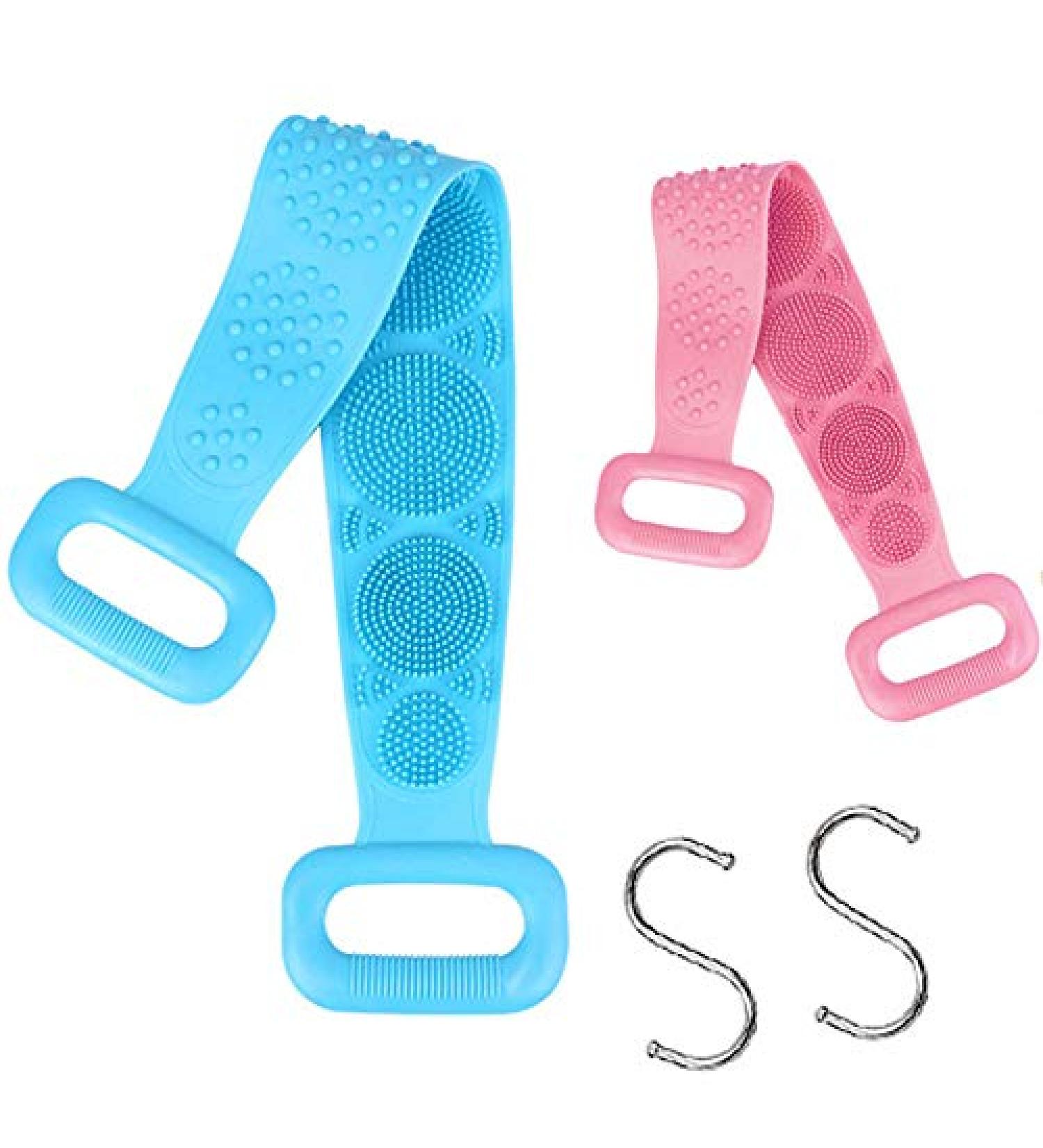 Silicone Bath Brush 2 Pack - Double Sided Clean Body Scrubber (Blue & Pink) with Free Hooks - Convenient & Easy to Use - Buy Online on GoSupps.com