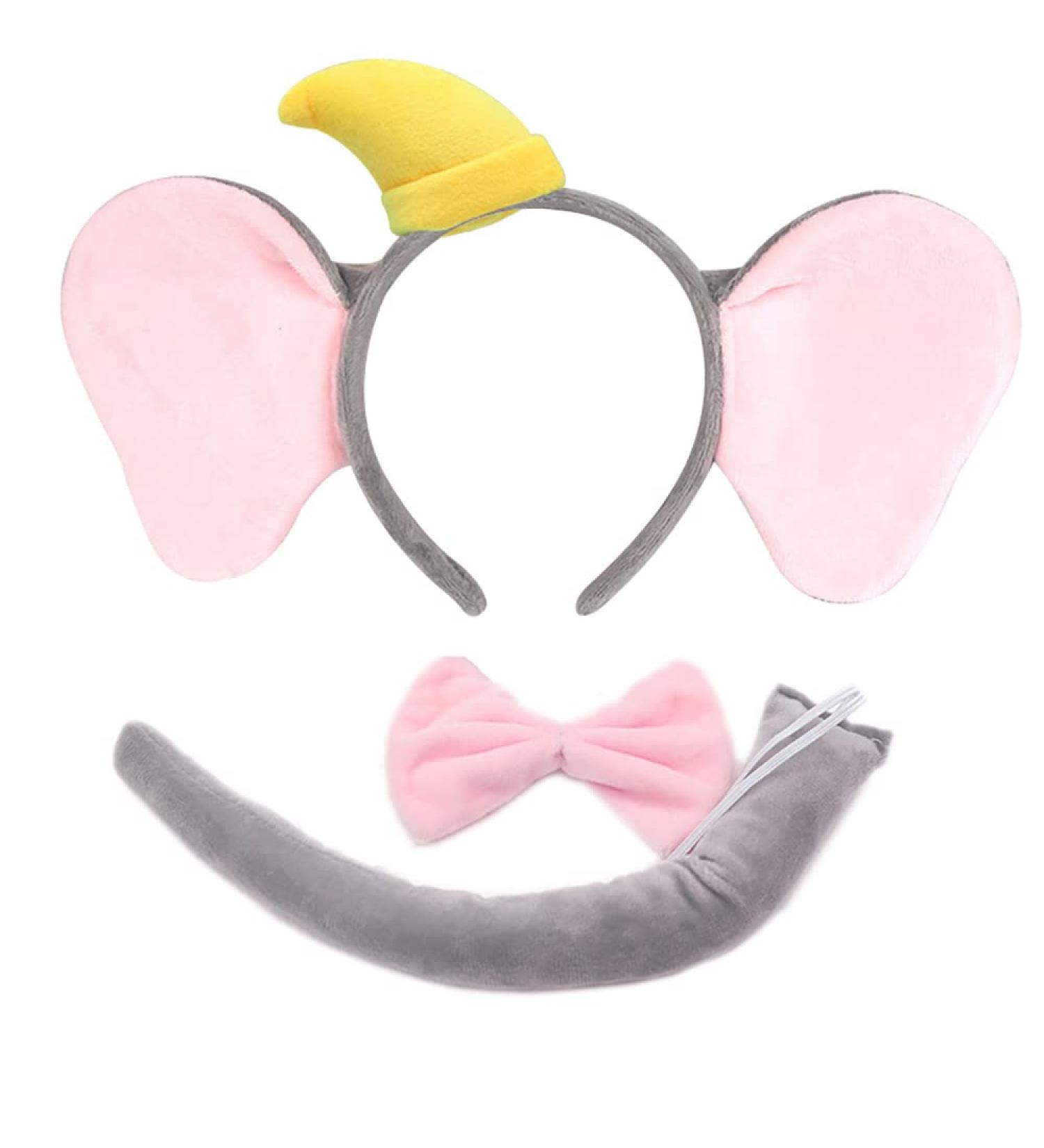 Sheicon Elephant Ears Headband  Bowtie and Tail Elephant Set Costume Accessory 3 Pieces Set Kit For Halloween Costume Dress up Play Color Elephant Set Grey&Hat