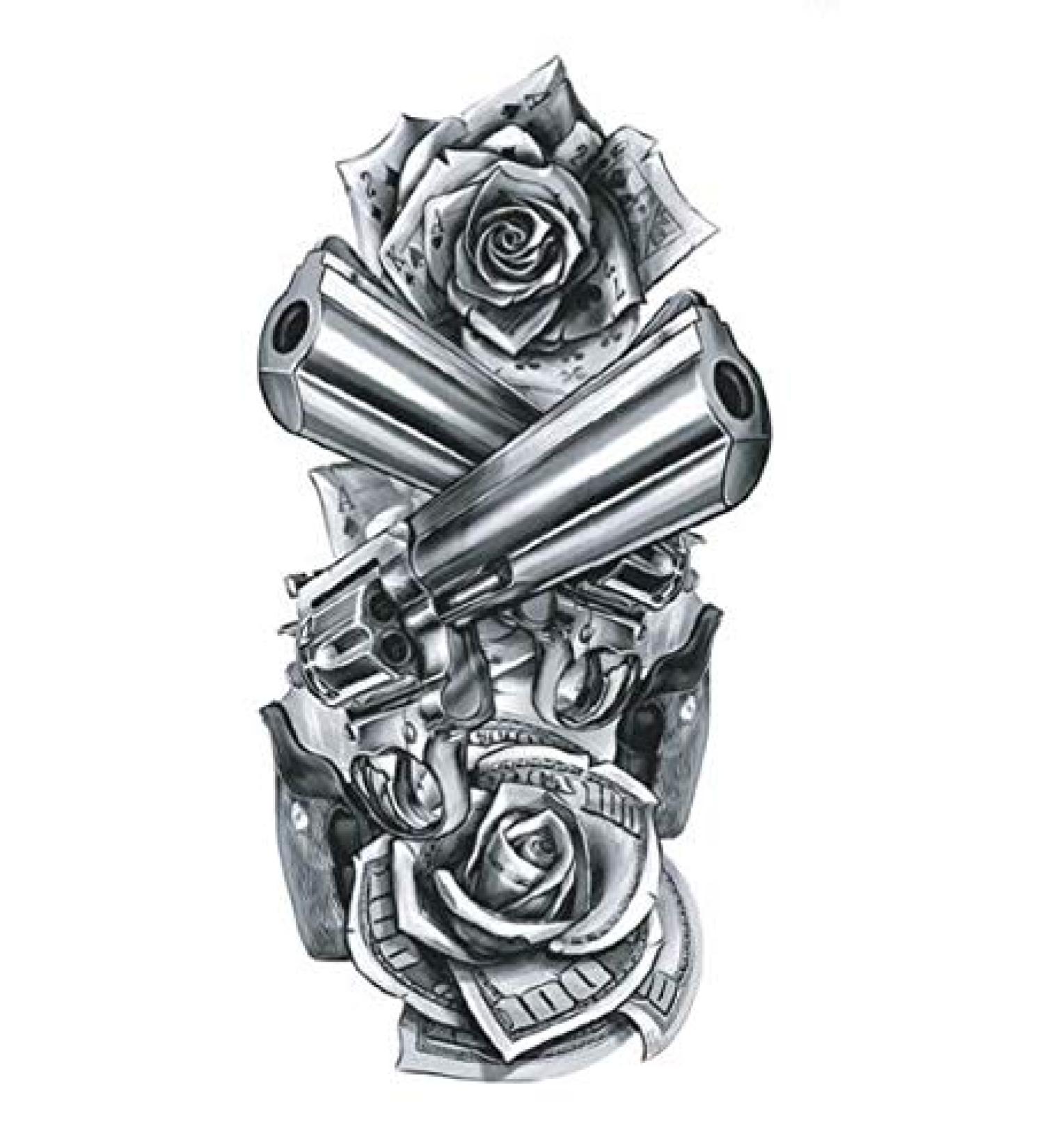 SanerLian Waterproof Temporary Fake Tattoo Stickers Grey Gun Rose School Set of 5