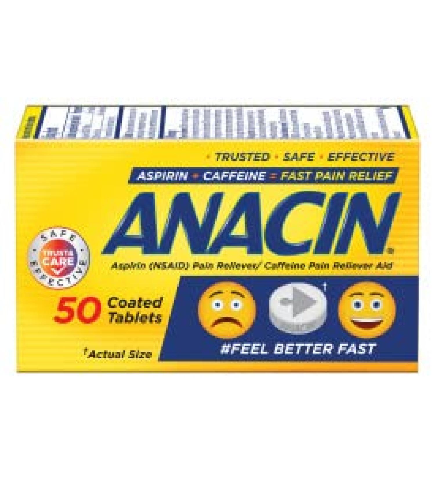 ANACIN Fast Pain Relief Tablets - NSAID Caffeine Pain Reliever - 50 Count - Buy Online on GoSupps.com