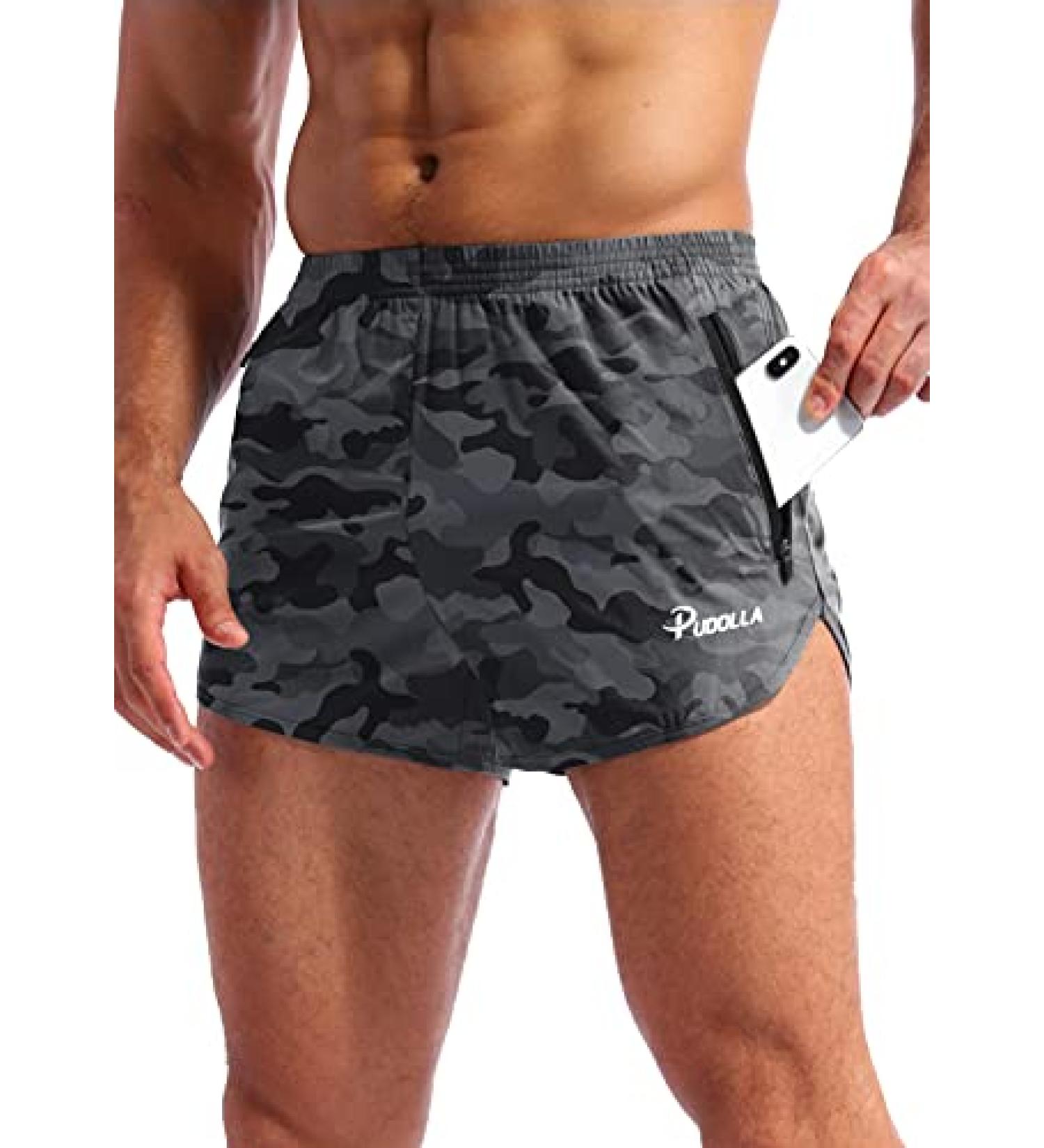 Pudolla Men's 3 Inch Quick Dry Running Shorts with Zipper Pockets - Camo Black - Buy Online on GoSupps.com