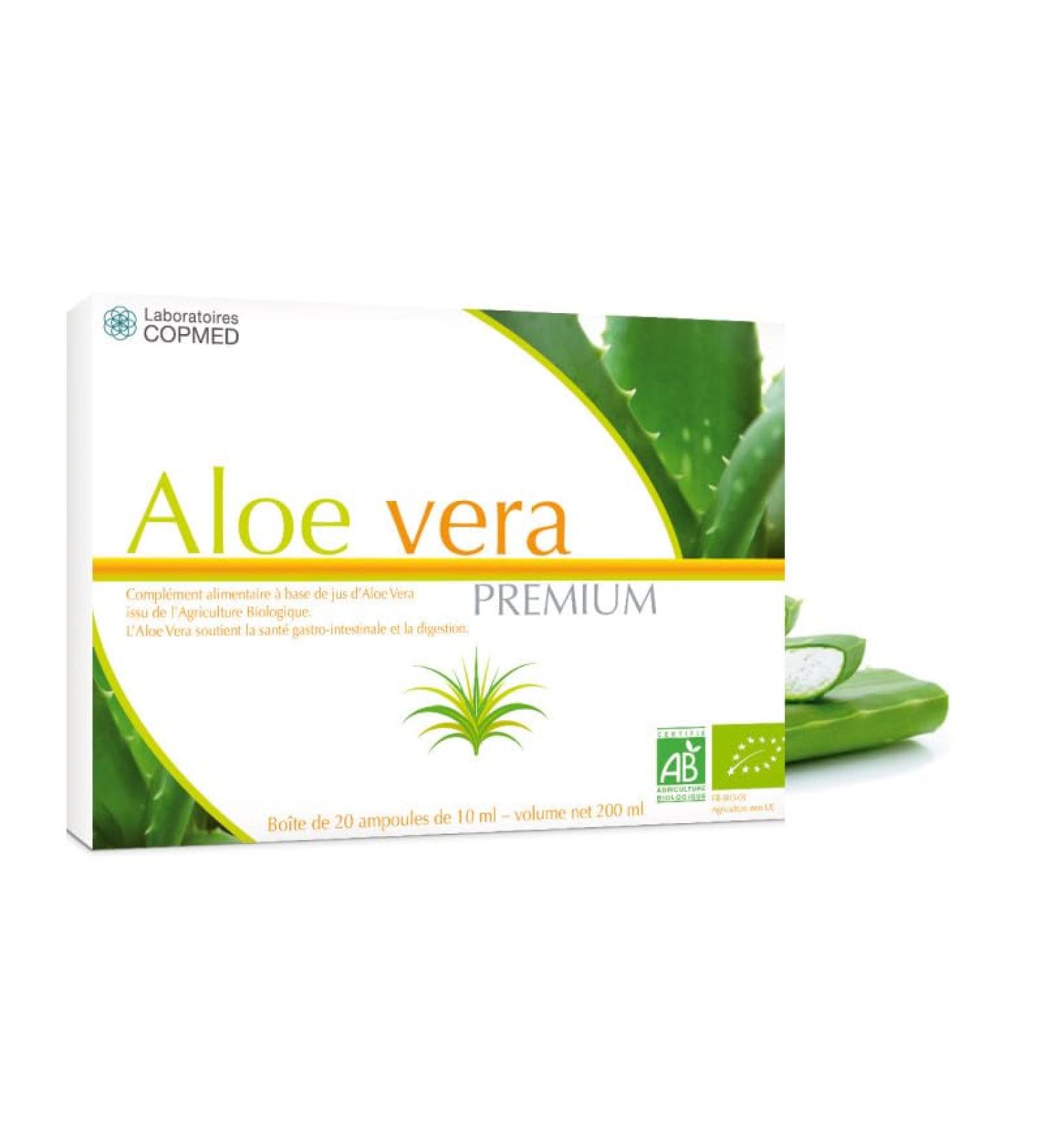 COPMED LABORATORIES - Premium aloe vera - Food supplement - 100% pure organic aloe vera juice - Product from organic farming - ECOCERT certified - French brand - 20 ampoules of 10 ml - Buy Online on GoSupps.com