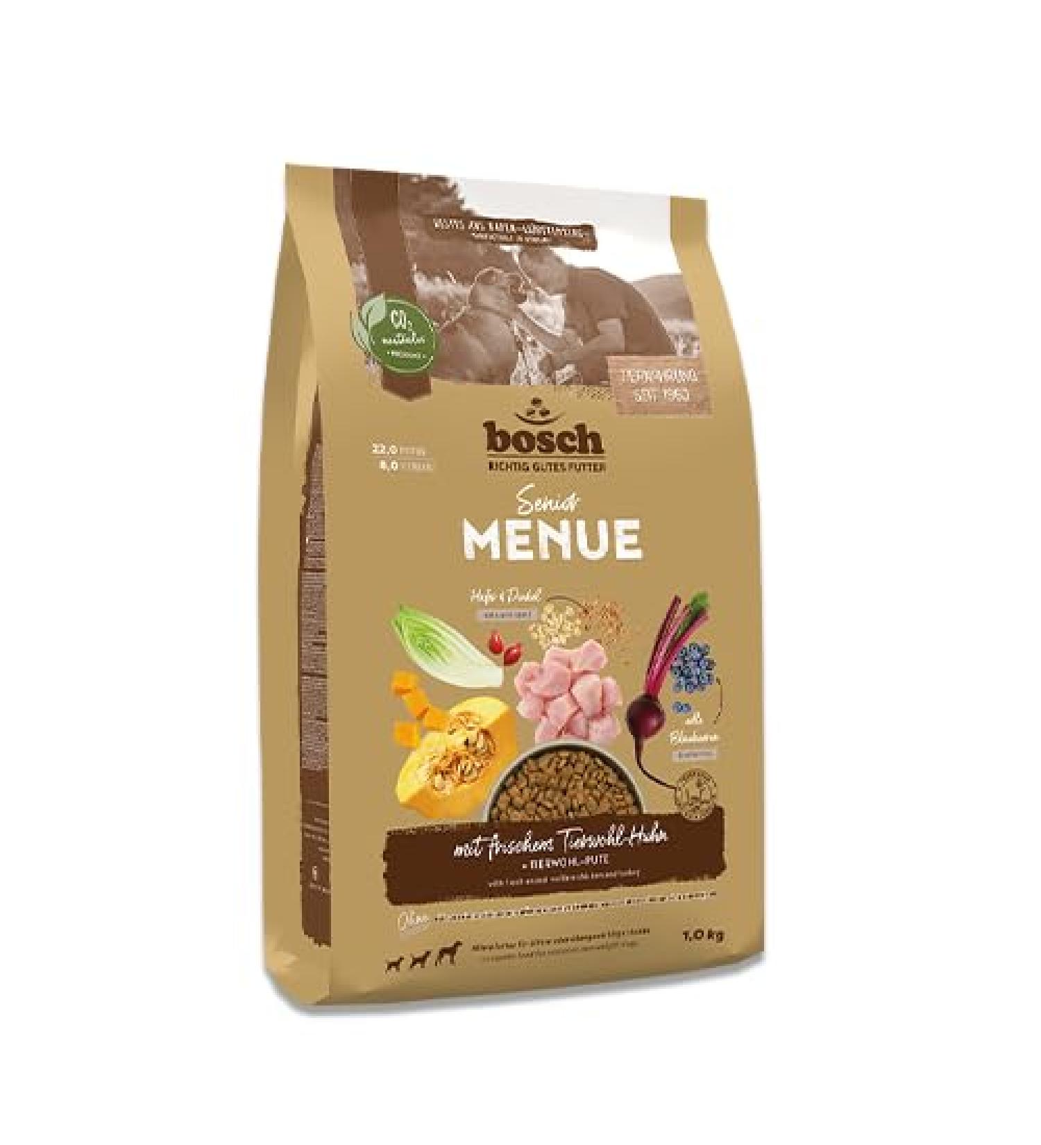 Bosch HPC MENUE Senior Dry food for older dogs of all breeds with chicken + spelt and oats 1 x 1 kg - Buy Online on GoSupps.com