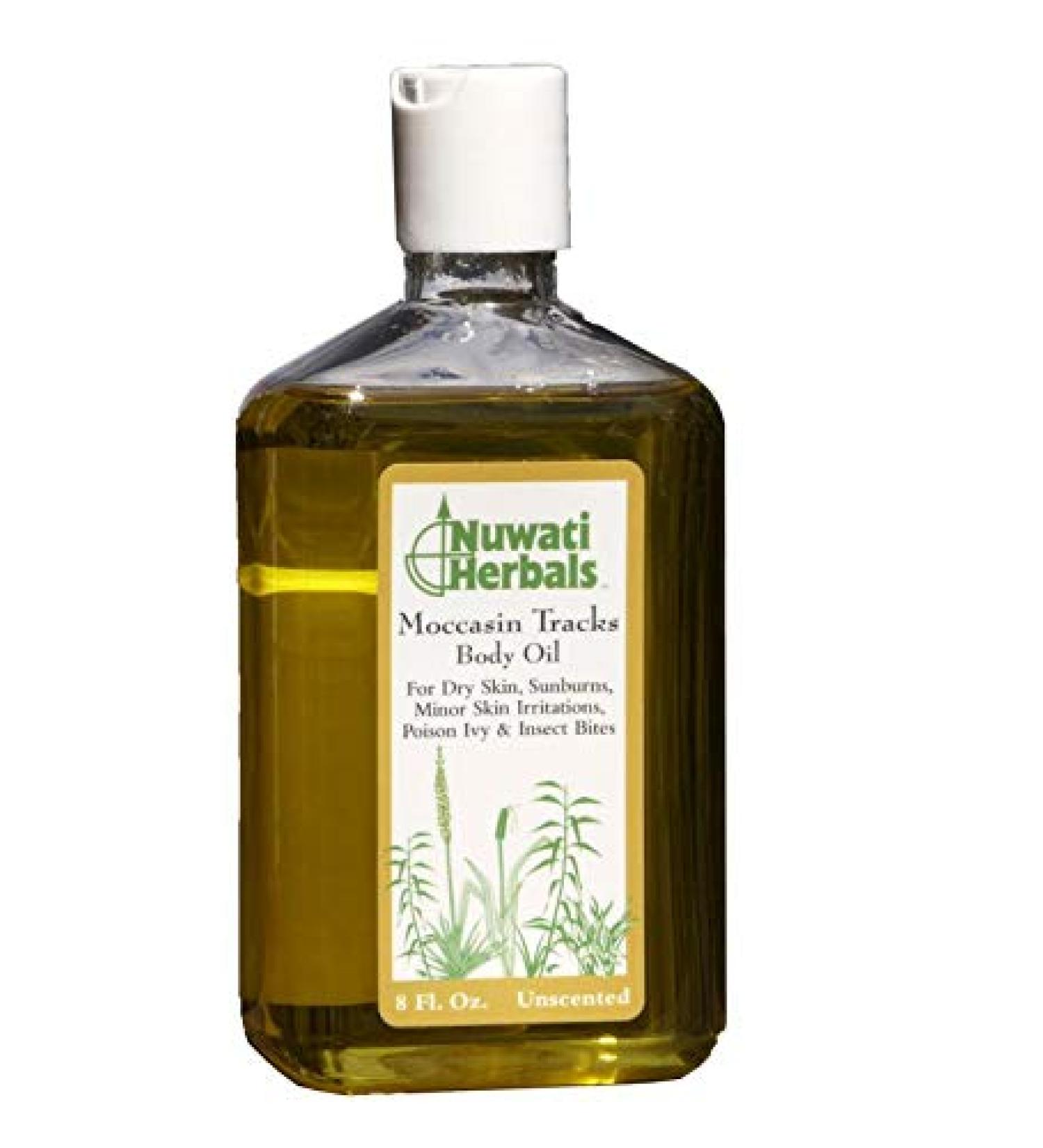 Nuwati Herbals Moccasin Tracks Bath and Body Oil - Soothes Dry Skin, Sunburns, Irritations, Poison Ivy, Bug Bites - 8 oz - Buy Online on GoSupps.com