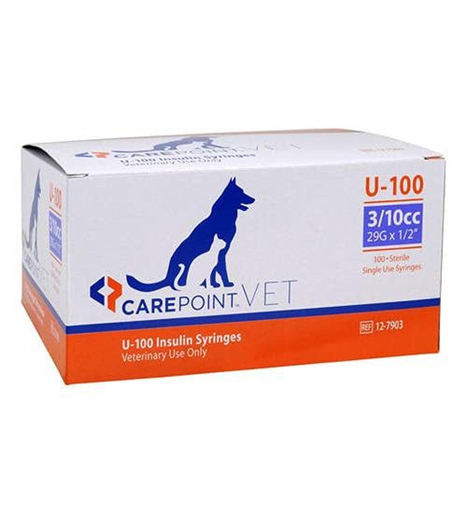 CarePoint Vet U-100 Insulin Syringe 3/10cc  29G x 1/2  100/Box 12-7903