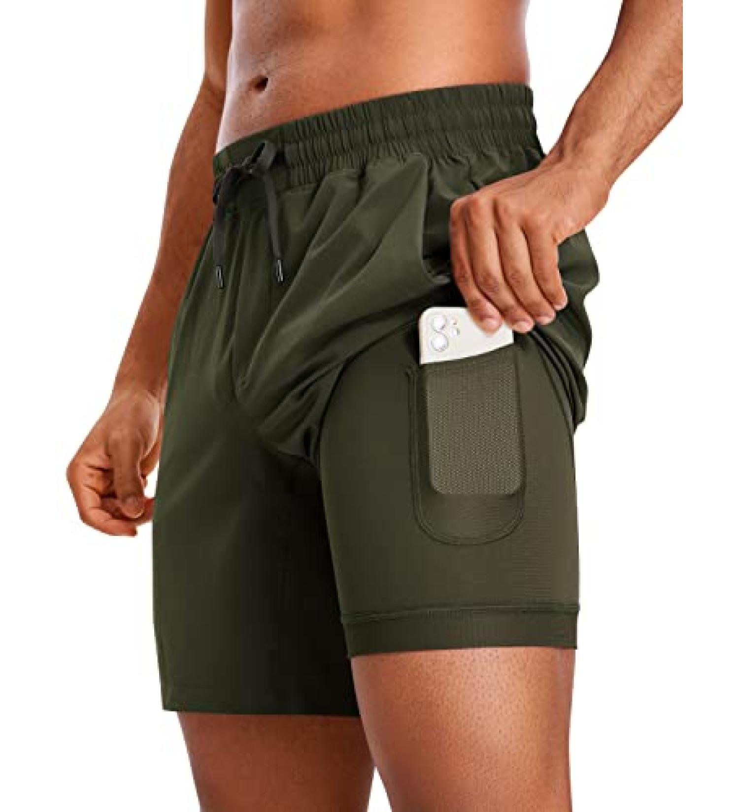 CRZ YOGA Men's 2 in 1 Running Shorts with Liner - 7'' Quick Dry Athletic Shorts, Dark Olive - Buy Online on GoSupps.com