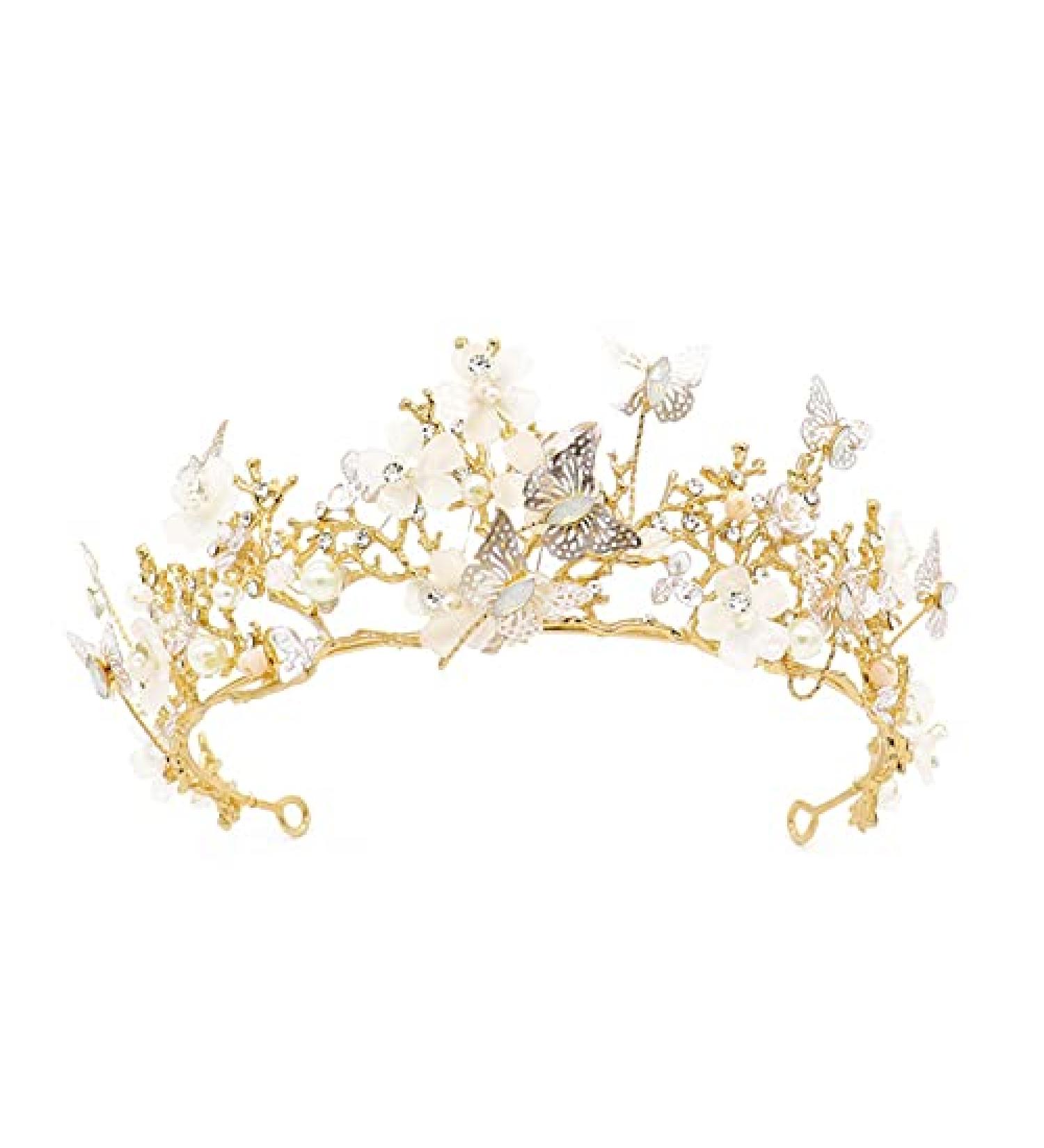 Bridal Butterfly Flower Tiara Crown | Rhinestone Pearl Headpiece for Women and Girls - Perfect for Wedding, Birthday Party | Gold Fairy Crown Hair Accessories - Buy Online on GoSupps.com