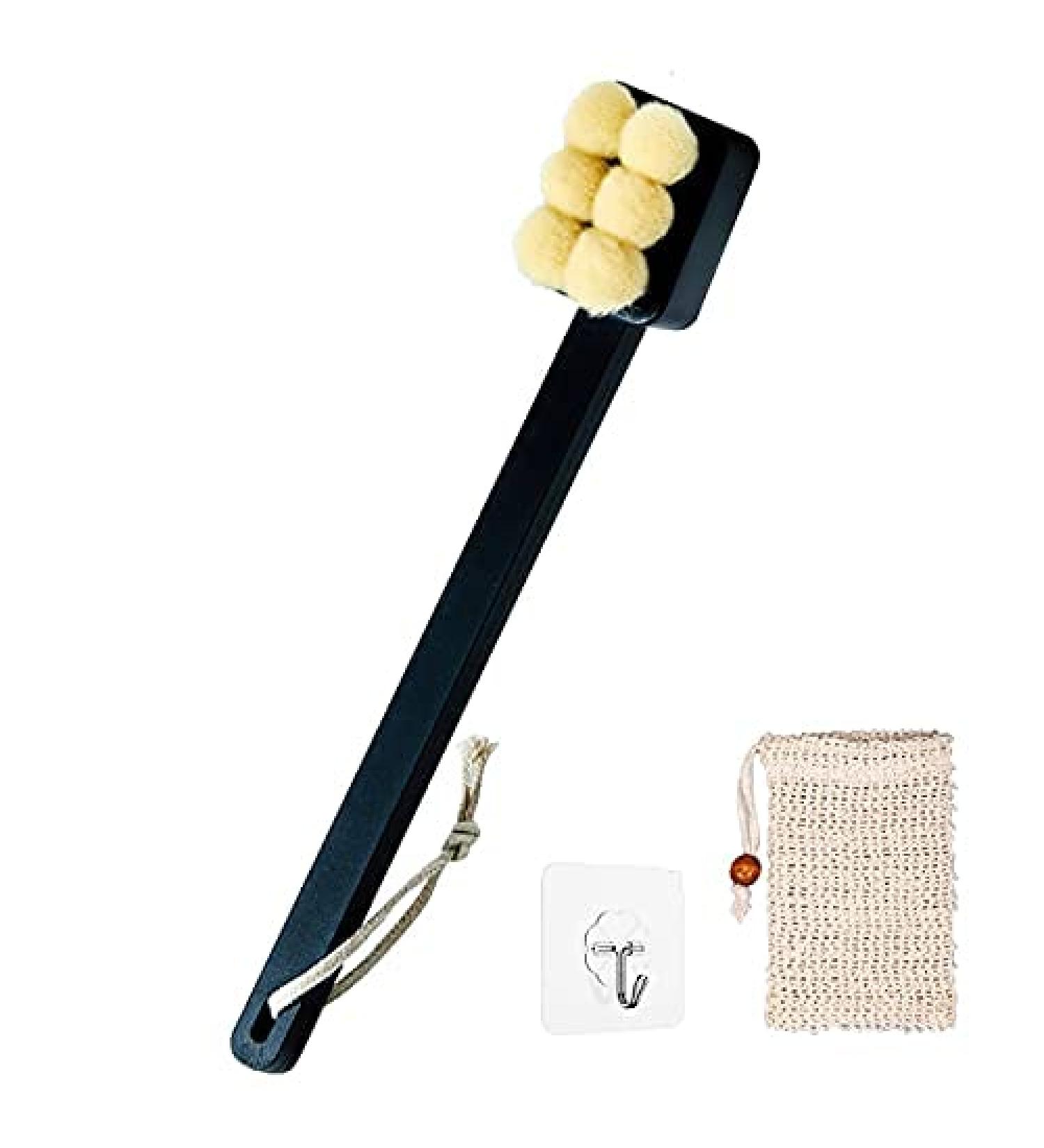 Long Stem Bathing Brush Set - Dark Green Body Care Brush with Lanyard Soap Bag & Wall Hook for Skin Peeling & Back Scrubbing - Buy Online on GoSupps.com