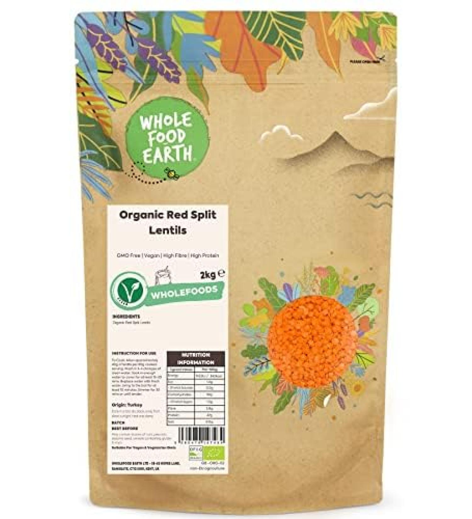 Wholefood Earth Organic Red Split Lentils 2kg - GMO Free, Vegan, High Fibre & Protein, Certified Organic - Buy Online on GoSupps.com