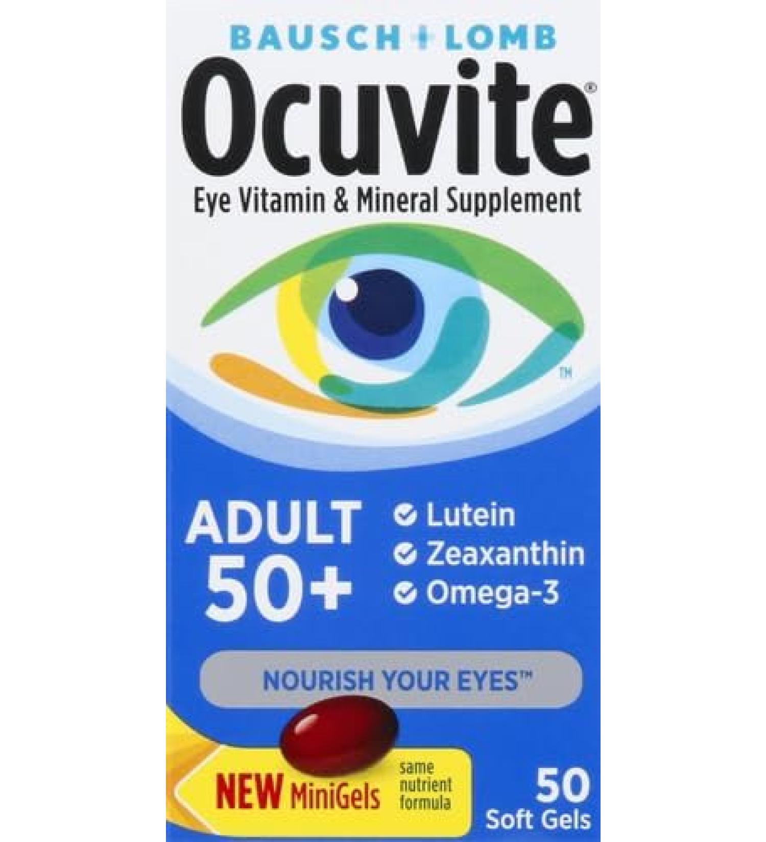 Ocuvite Eye Vitamin & Mineral Supplement  Contains Zinc  Vitamins C  E  Omega 3  Lutein  & Zeaxanthin  Bausch & Lomb Ocuvite Adult 50+ Eye Vitamin & Mineral Softgels  50 Count (Packaging May Vary) - Buy Online on GoSupps.com