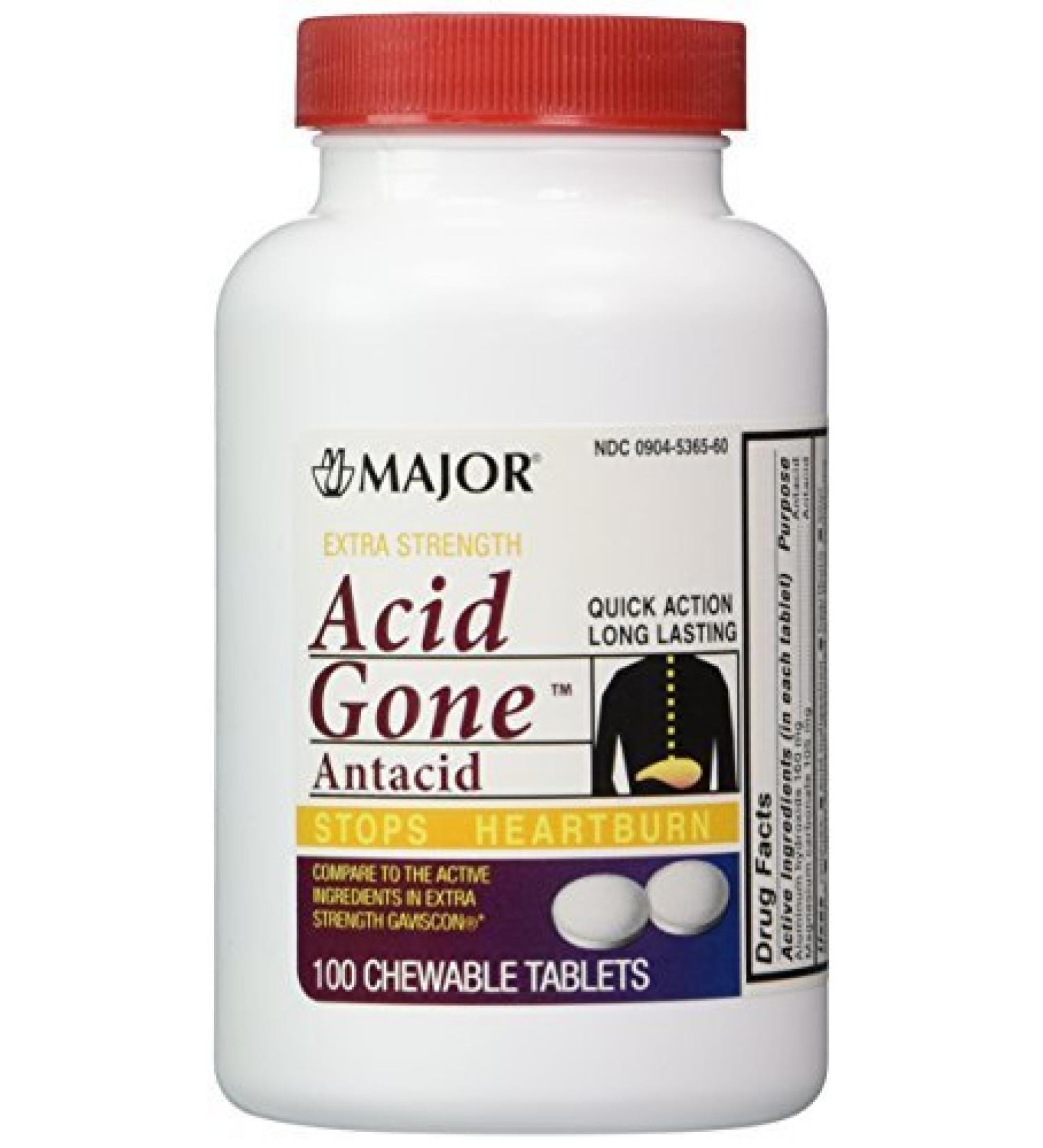Acid Gone Antacid Chewable Generic for Gaviscon Extra Strength Chewable Tablets 100 Ct. Per Bottle Pack of 2 Bottles Total 200 Tablets by Major Pharmaceuticals