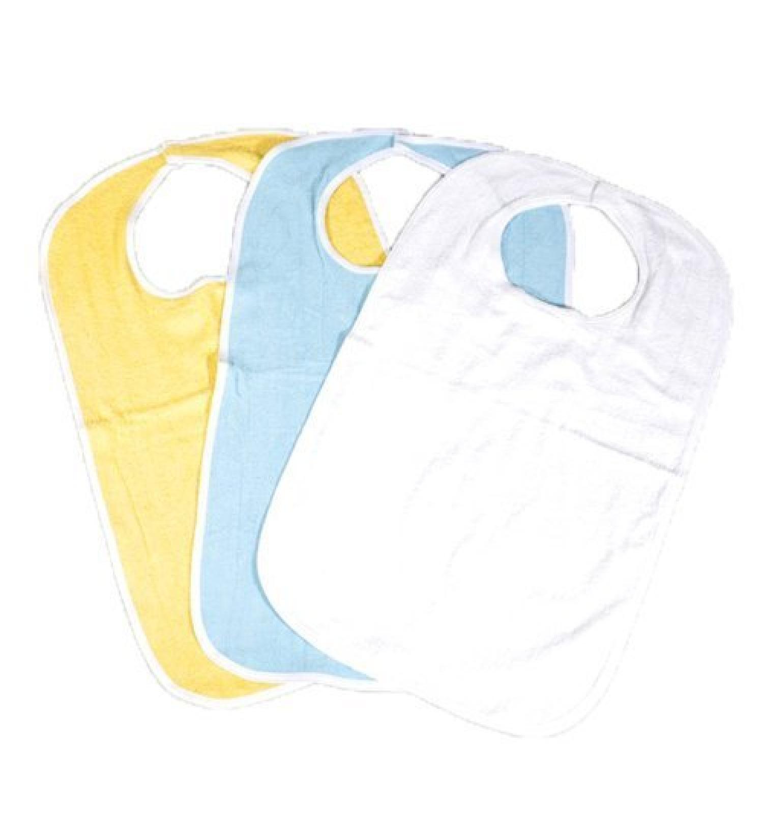 6 Pack of Soft Terry Cloth Adult Bibs with hook and loop Closures Size 18x30-2 Blue 2 White & 2 Yellow (18"x30")
