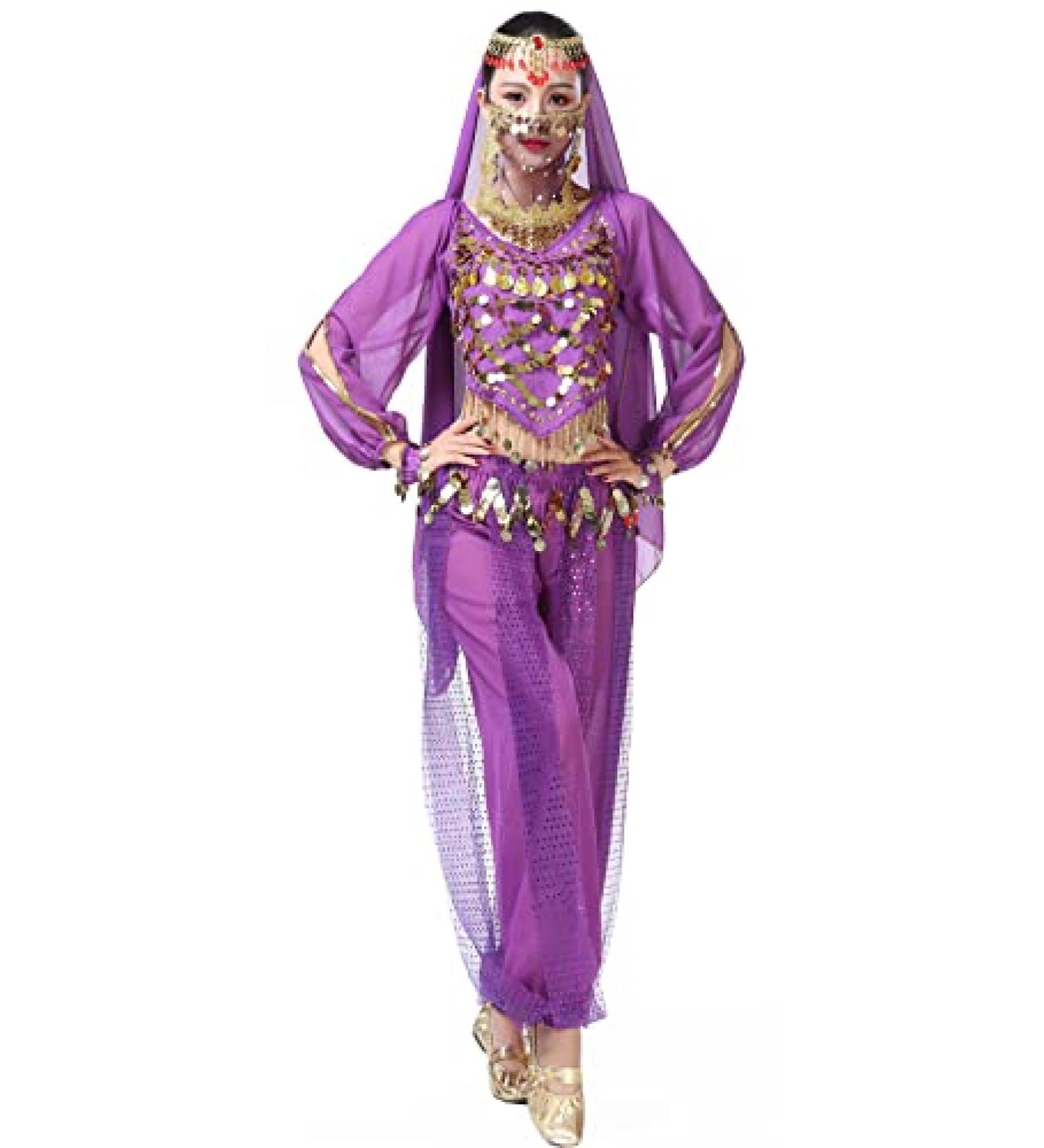 ORIDOOR Women's Halloween Costume Set | Belly Dance Crop Top & Pleated Harem Pants | 5-Piece Outfit for Dress Up Party | One Size | Purple - Buy Online on GoSupps.com