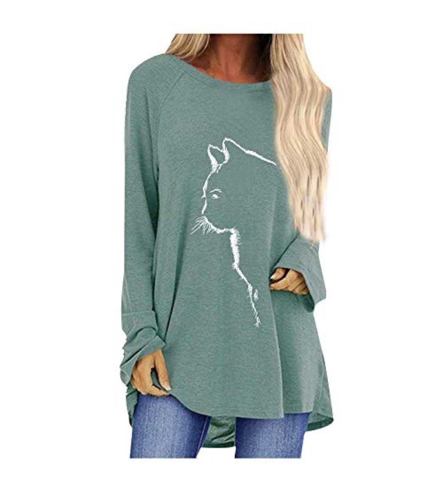 2020 Autumn Cat Print Loose Round Neck Long Sleeve T-Shirt - Grey - 3XL | Women's Shirt - Buy Online on GoSupps.com