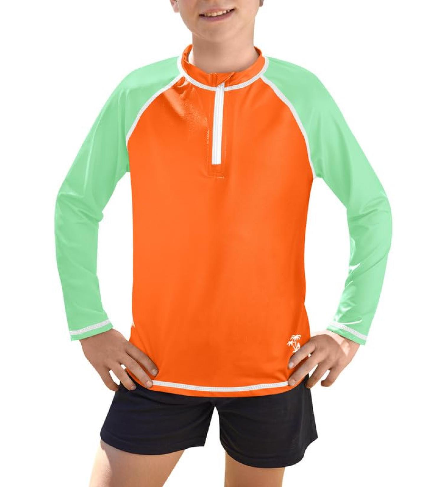 BesserBay Boys UV Shirt 1/4 Zip Rash Guard UPF 50+ Long Sleeve Kids Orange & Green Sizes 110-150 | International Shipping Available - Buy Online on GoSupps.com