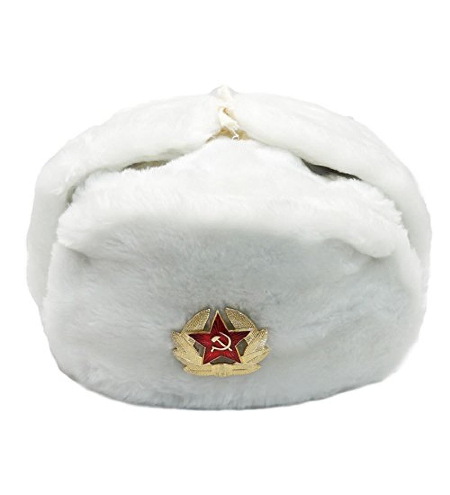 Fur Winter Ushanka Russian Hat with Secret Pocket & Red Star Emblem - X-Large White - Buy Online on GoSupps.com