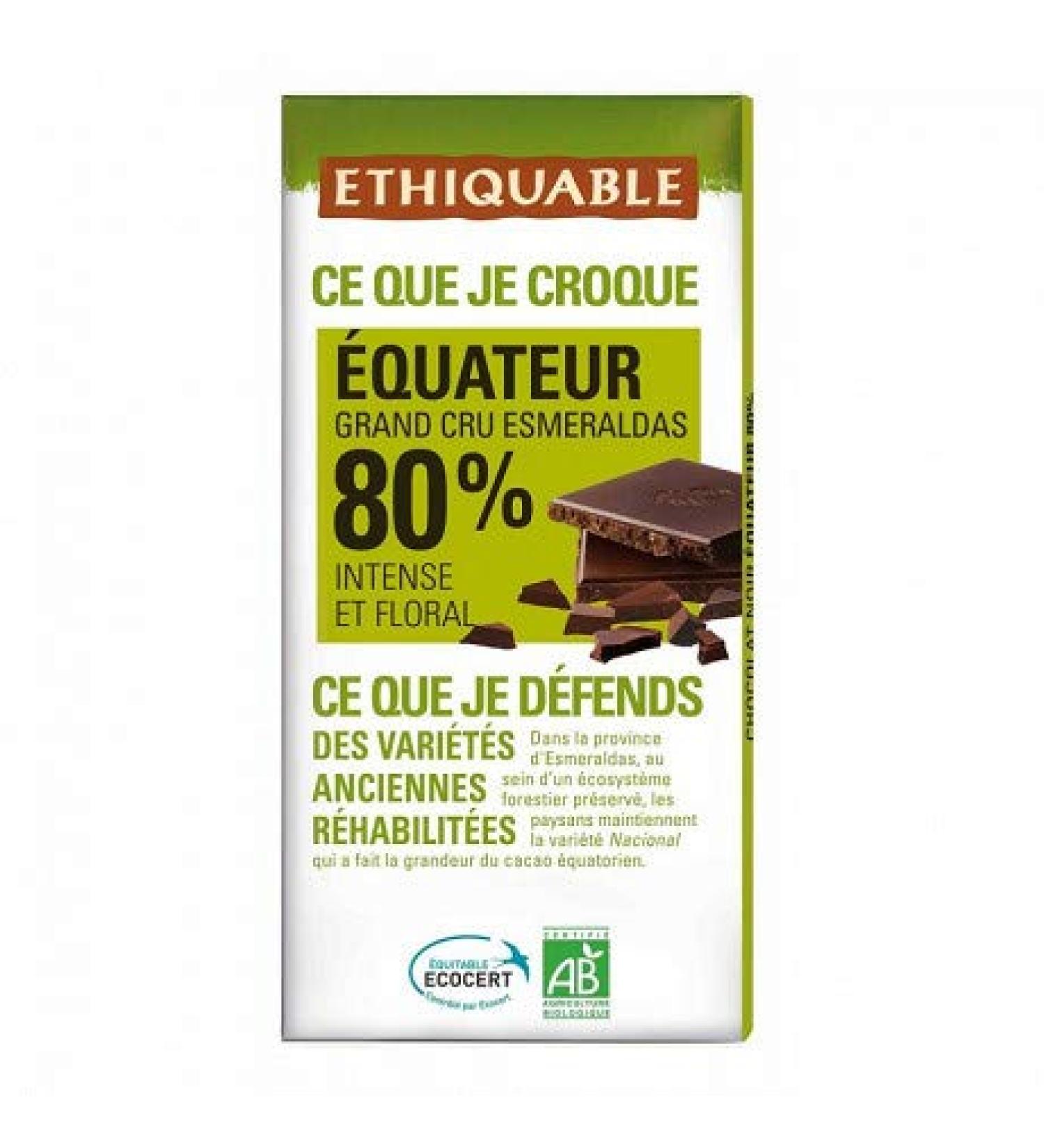 ETHIQUABLE - Organic Ecuadorian Dark Chocolate 80% Cocoa 100G - Pack of 4 - free delivery
