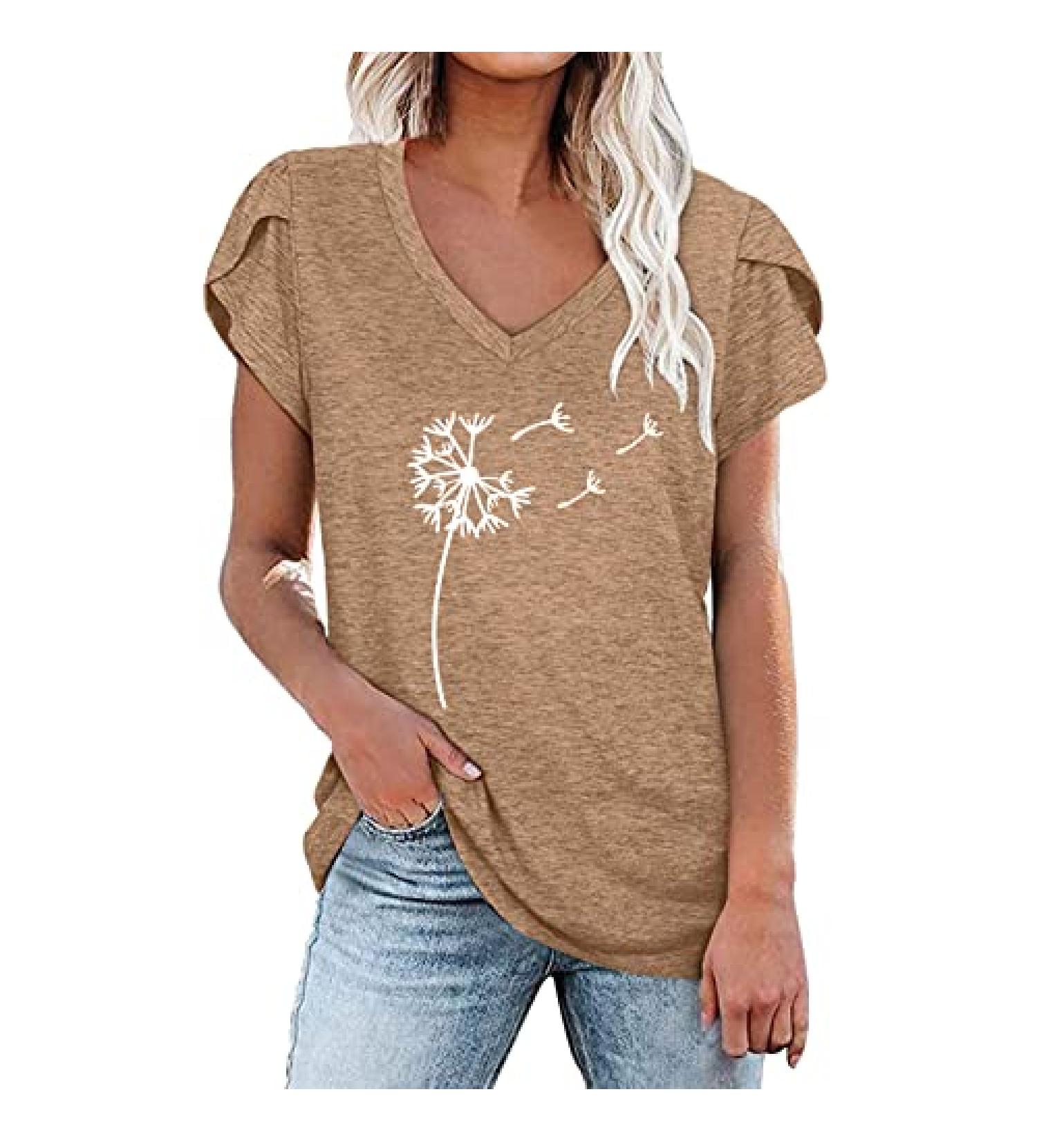 Women's Khaki Petal Sleeve V-Neck Top - Summer Casual Loose Tunic Shirt - Buy Online on GoSupps.com