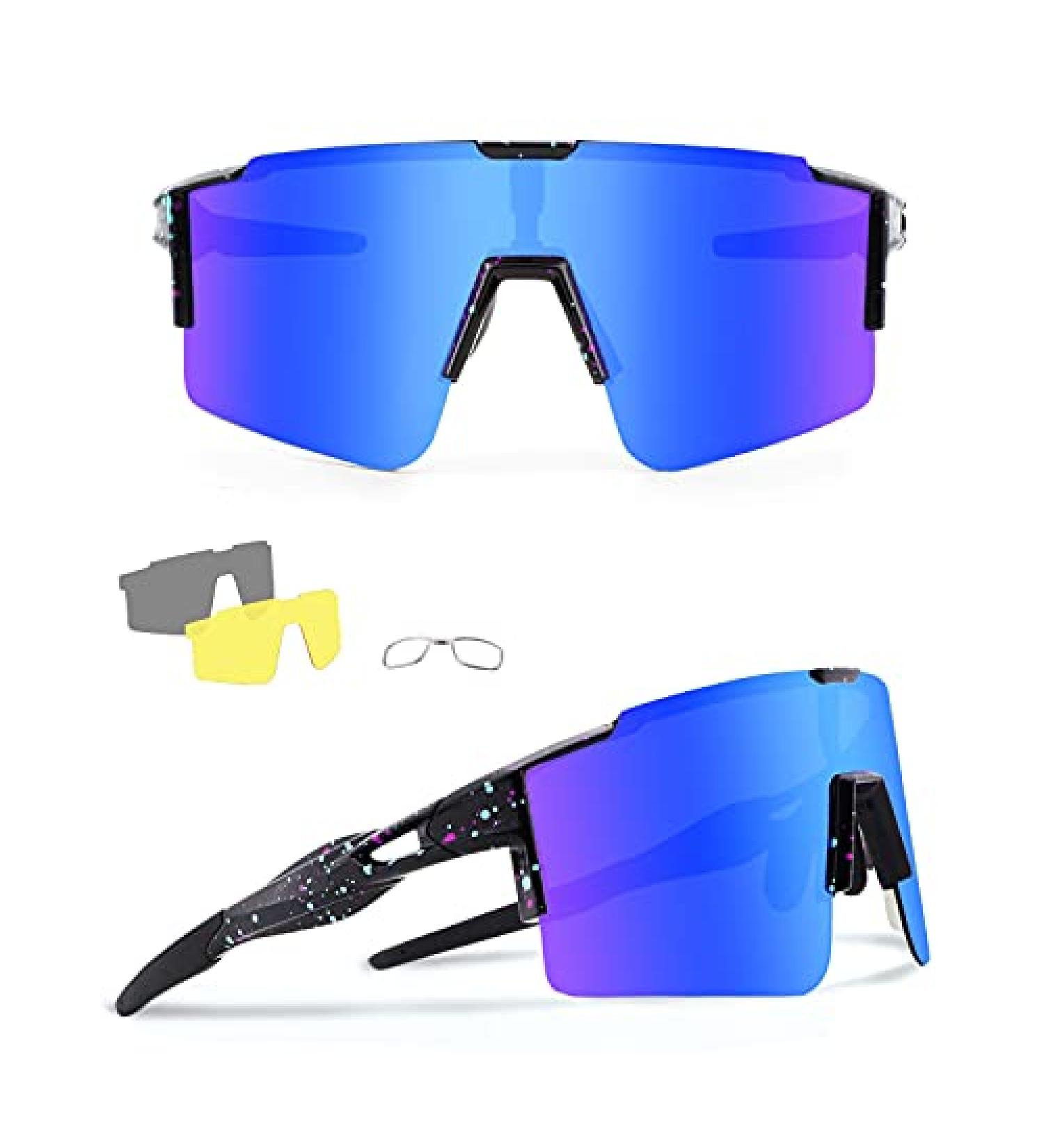 Ukoly Cycling Sunglasses: 3 Interchangeable Lenses, Sports Sunglasses for Men and Women - Baseball, Running Glasses (Black/Blue) - Buy Online on GoSupps.com