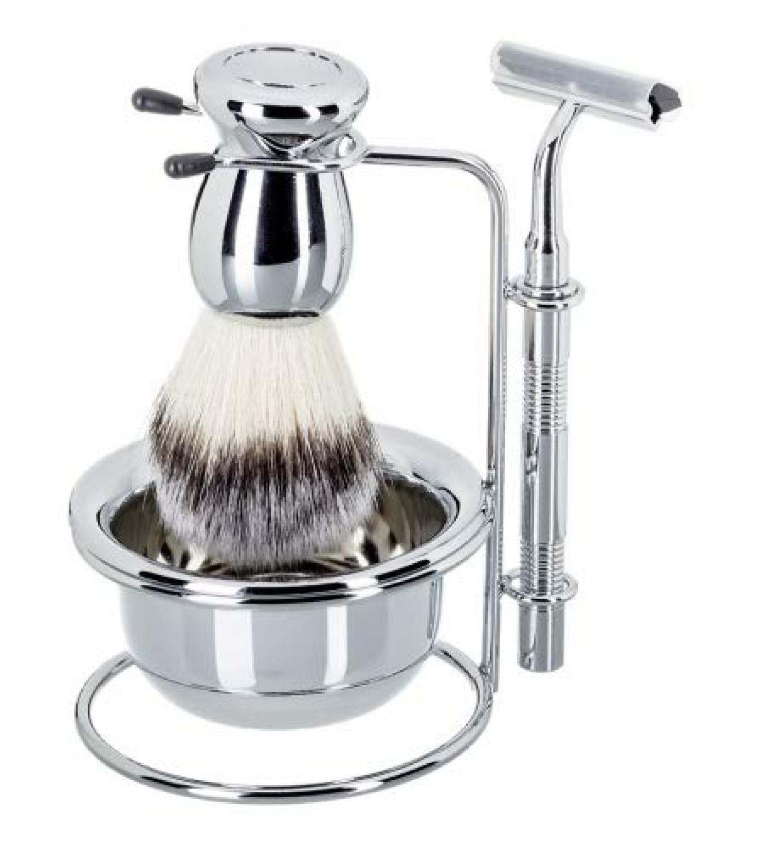 Razor set for men with sturdy bowl soft brush and wet razor in chrome