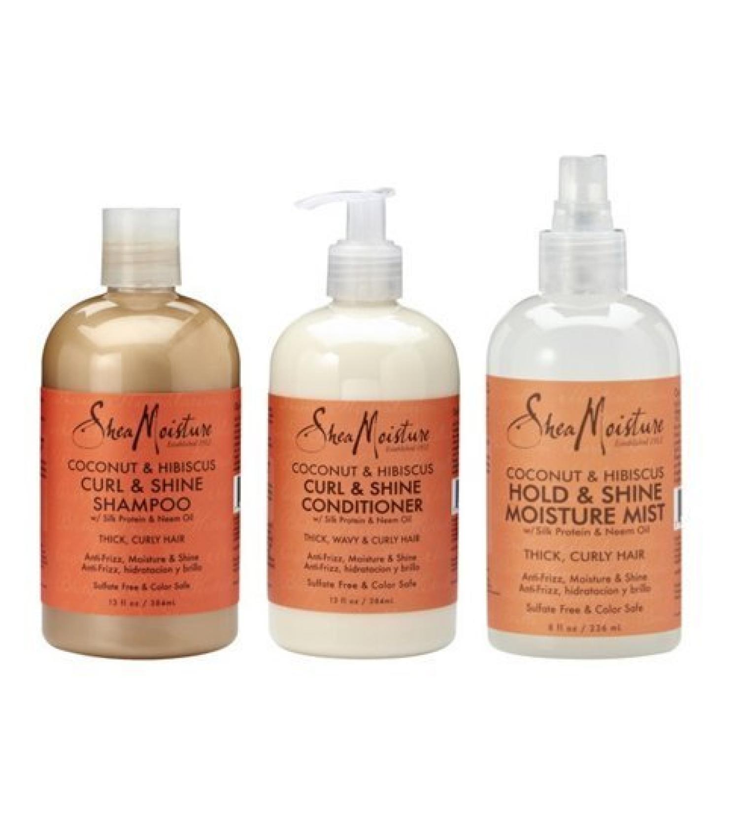 Shea Moisture Cleanse Condition & Style Pack - Coconut & Hibiscus Curl and Shine Shampoo & Conditioner 384ml bottles & Hold and Shine Moisture Mist 236ml by Shea Moisture
