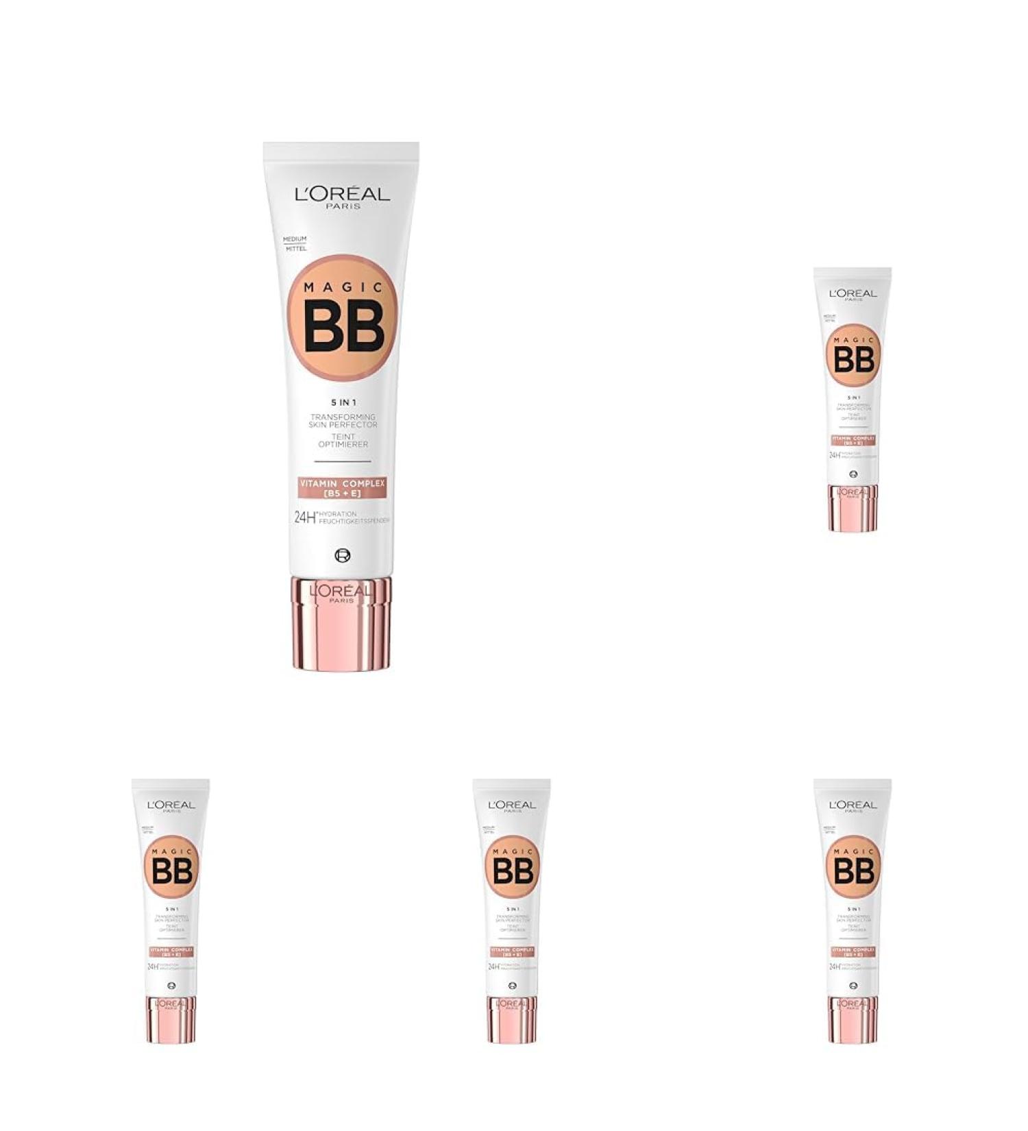 L'Or al Paris Magic BB Cream with SPF 20 5-in-1 Skin Tint with Vitamin B5 and Vitamin E Lightweight Hydrating Formula Adapts to Skin Tone for a Natural Glowy Finish 30 ml Shade: 04 Medium 04 Medium 30 ml (Pack of 5) - Buy Online on GoSupps.com