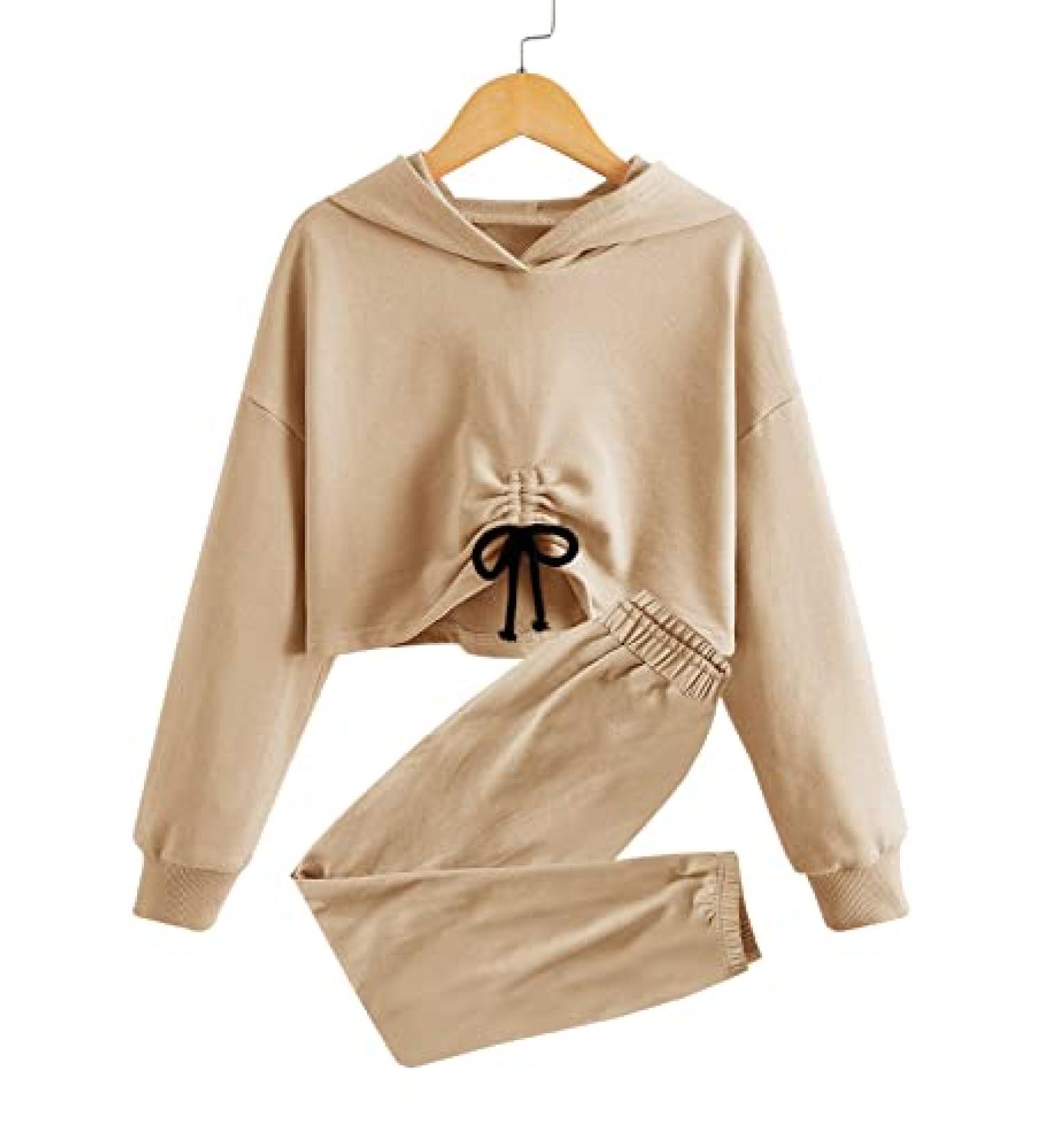 Leyay Girl's Khaki Cropped Hoodie and Sweatpants Set - Size 6-7 Years - Buy Online on GoSupps.com