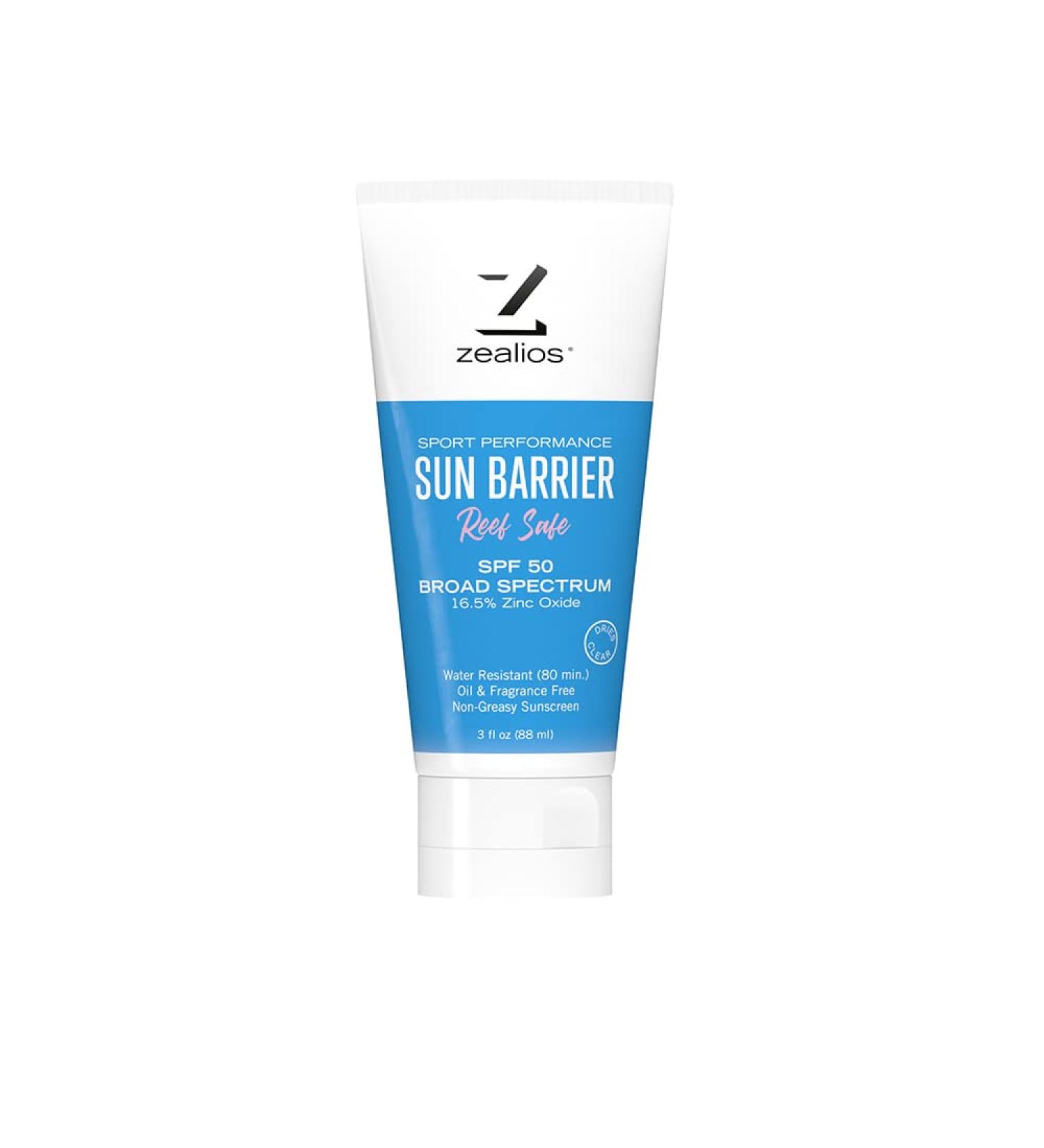 Zealios Reef Safe Sun Barrier SPF 50 Zinc Sunscreen - 3 oz Water-Resistant Sport Lotion - Buy Online on GoSupps.com