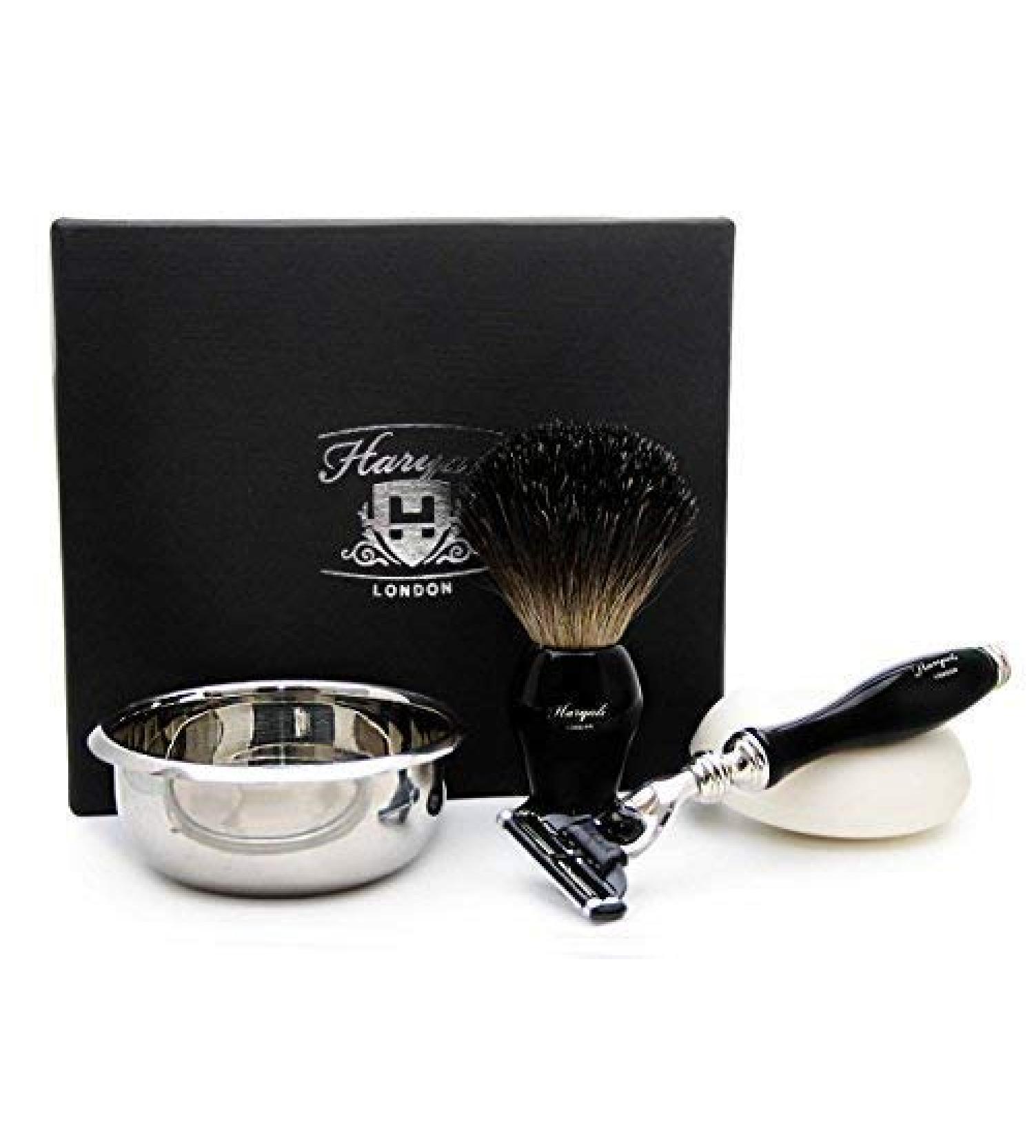 Pure black roof hair shaving brush 4 -set pieces in black contains ||Black Dachs hairbrush razor stainless steel bowl & free soap.