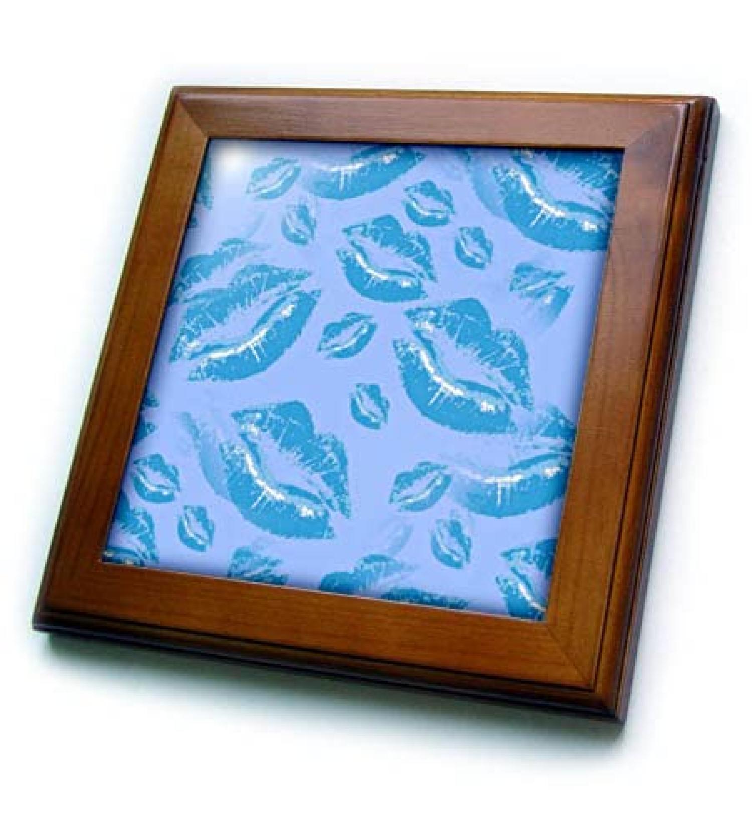 3dRose 8x8 Framed Tile - Two Kisses Collided Lip Boyish Blue Lips Pattern Pattern - Lipstick Kisses