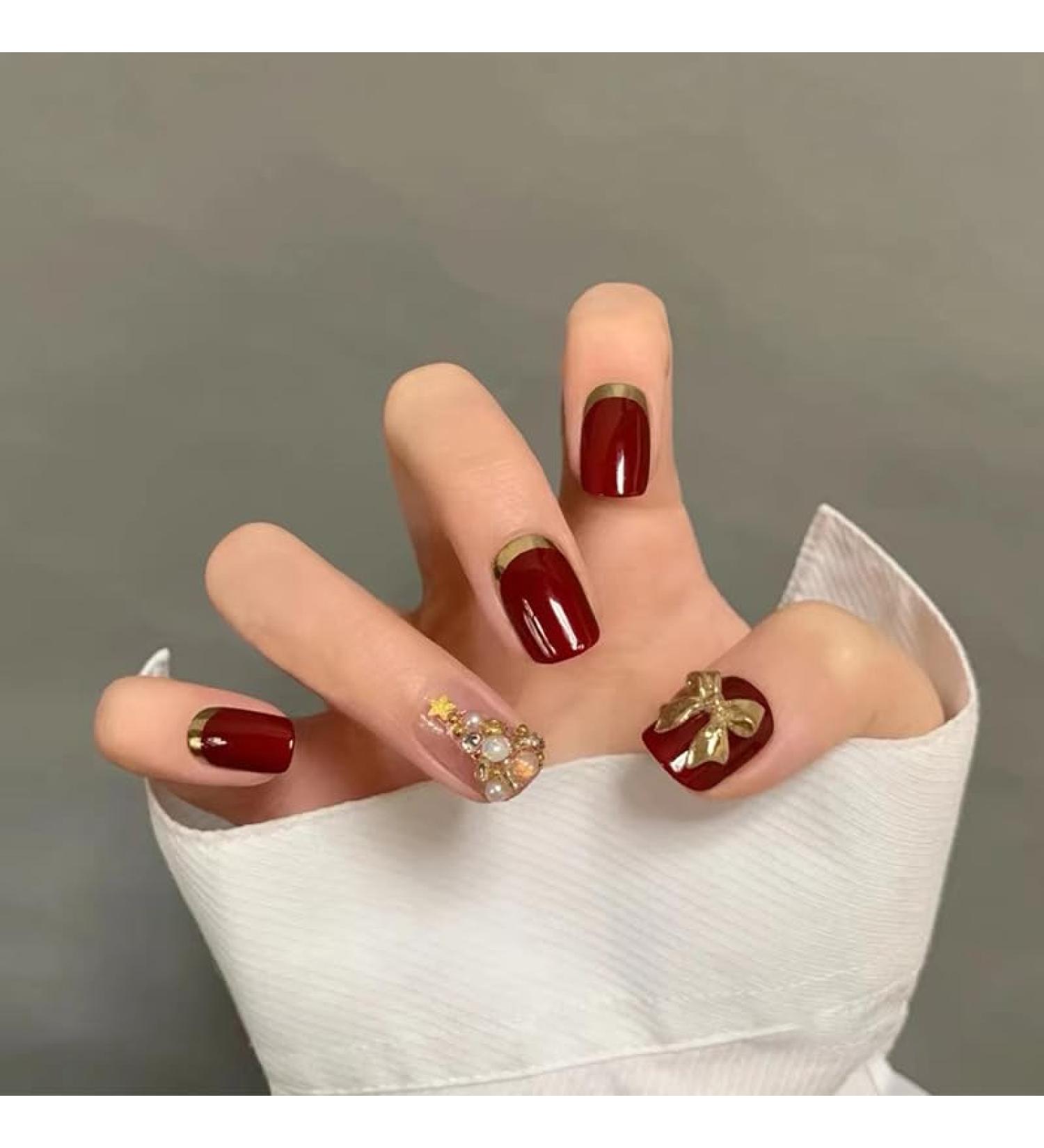 24Pcs/Set Press On Nails Short Wine Red Gold Border False Nails Acrylic Fake Nails Full Cover Nails Tips Artificial Finger Manicure Press on nails for Women and Girls - Buy Online on GoSupps.com