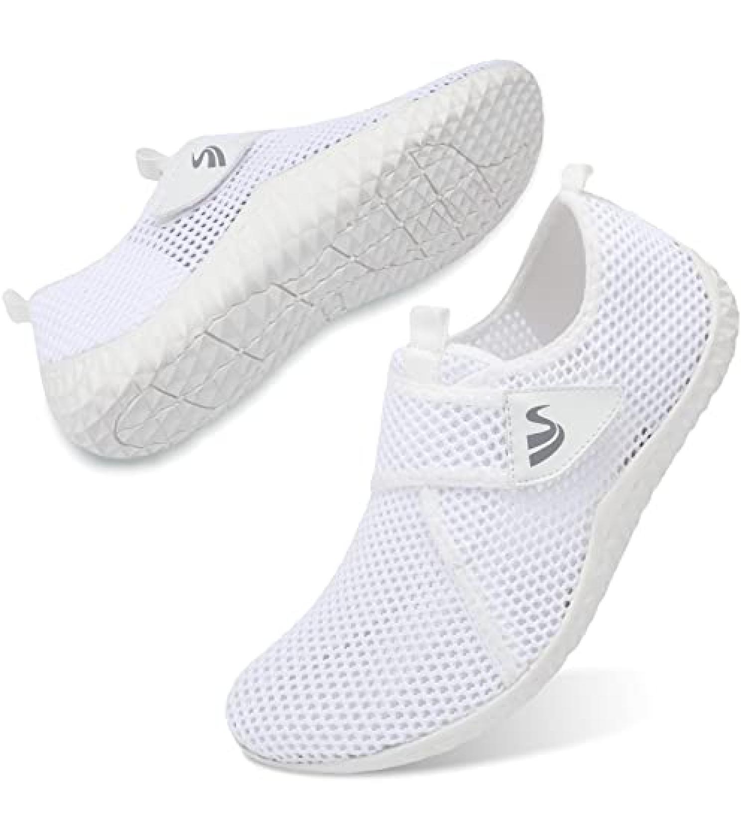 Spesoul Water Sports Shoes - Quick Dry Barefoot Aqua Shoes for Beach, Pool, Surf, Yoga - White Mesh, 8 Women/6.5 Men - Buy Online on GoSupps.com