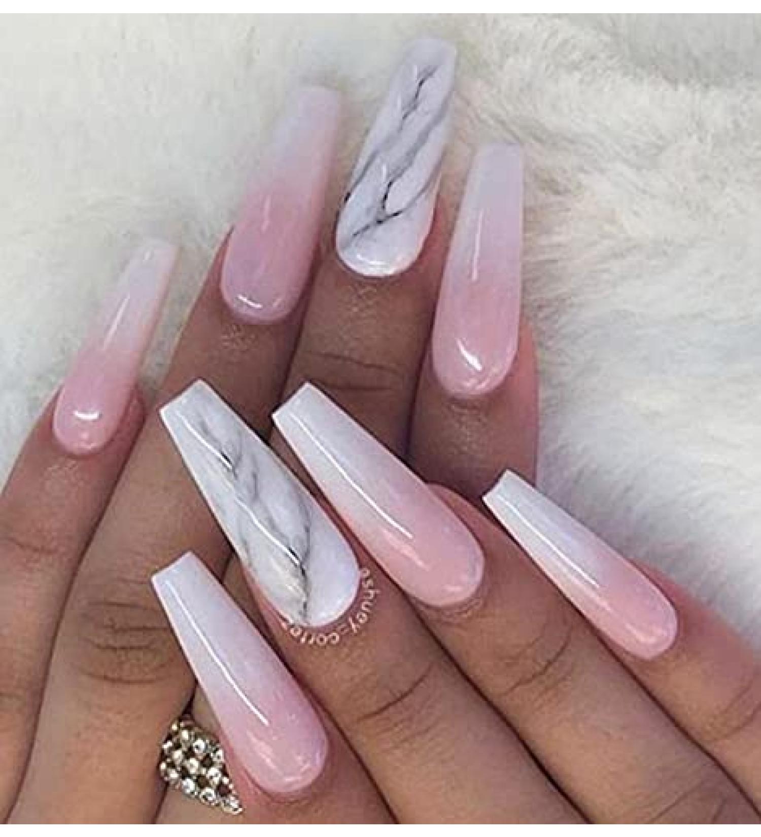 Brishow Long Pink French Press-On Nails - 24PCS Marble Gradient Ballerina Acrylic Fake Nails for Women & Girls | International Shipping - Buy Online on GoSupps.com
