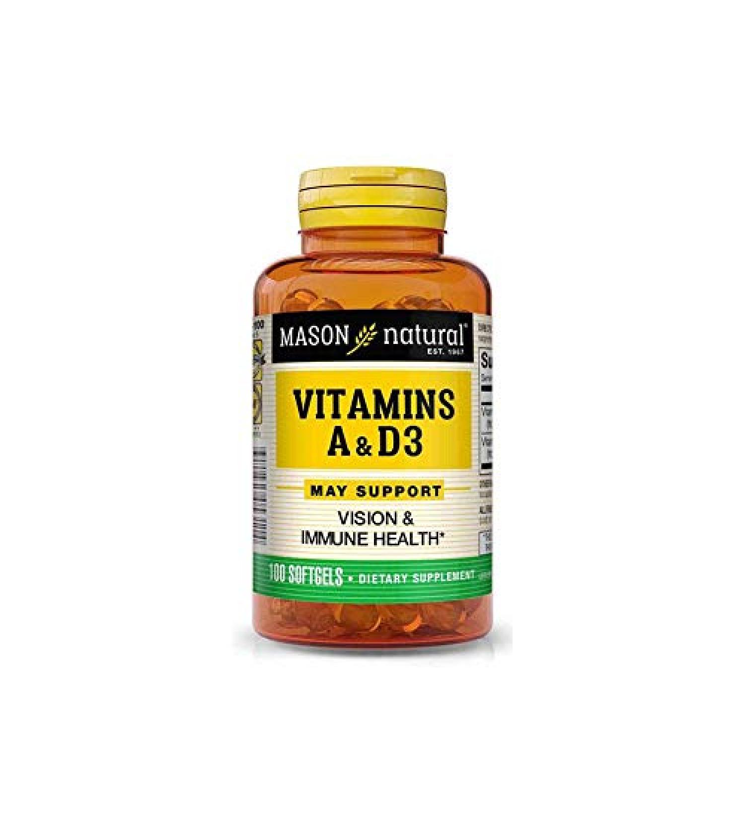 MASON NATURAL Vitamins A & D3 from Fish Liver Oil - Healthy Vision and Immune Health Improved Muscle and Nerve Function 100 Softgels