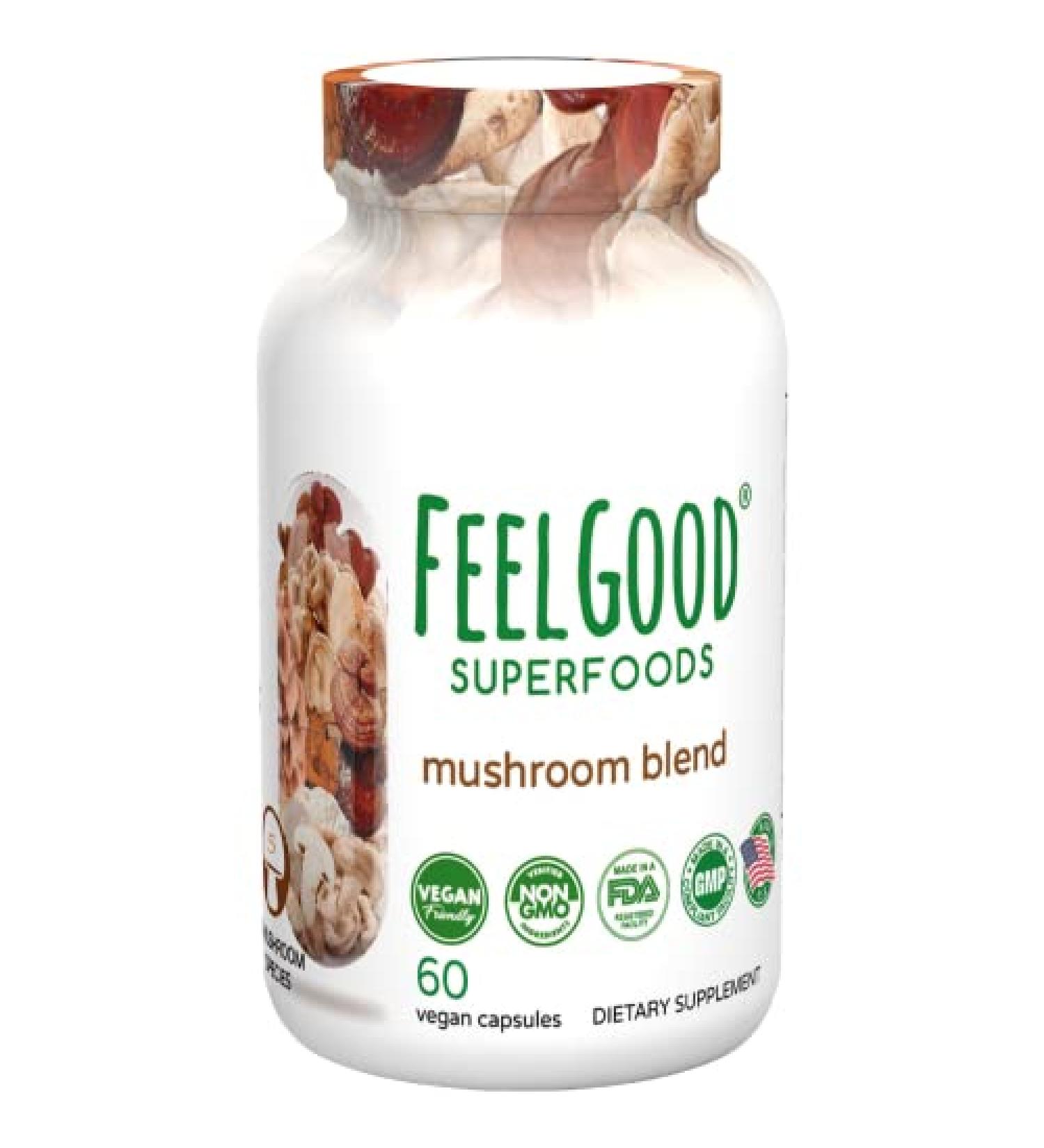 FeelGood Superfoods Mushroom Supplement Capsules 1000mg - 60 Count | Lions Mane, Reishi, Chaga, Maitake, Shiitake | Nootropic Brain Pills & Immune Booster - Buy Online on GoSupps.com