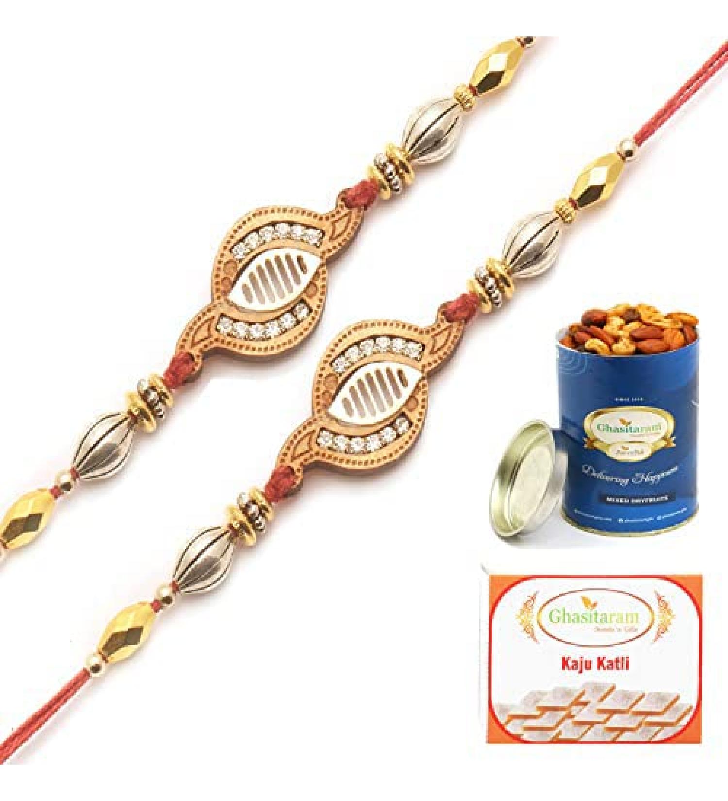 Ghasitaram Gifts Rakhi for Brother Rakhis Online - Set of 2 WO-13 Diamond Rakhi with 100 GMS of Dryfruits Mix Can 200 GMS of Kaju katli 2 Rakhi & 100g Dryfruits Mix Can 200g Kaju katli - Buy Online on GoSupps.com