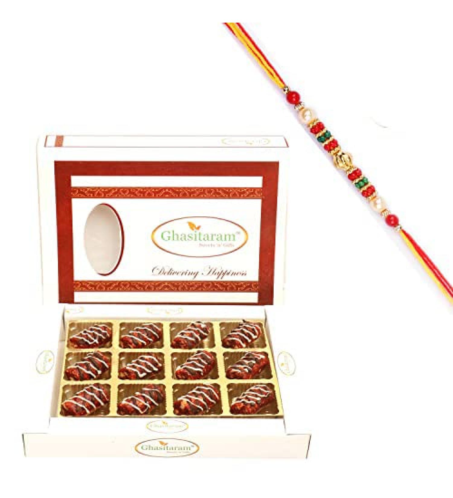 Ghasitaram Gifts Rakhi Gifts for Brothers Rakhi Sweets - Anjeer Khajoor Chocolate Rolls in White Box with Beads Rakhi Anjeer Khajoor ChocolateRolls in White Box & Rakhi - Buy Online on GoSupps.com