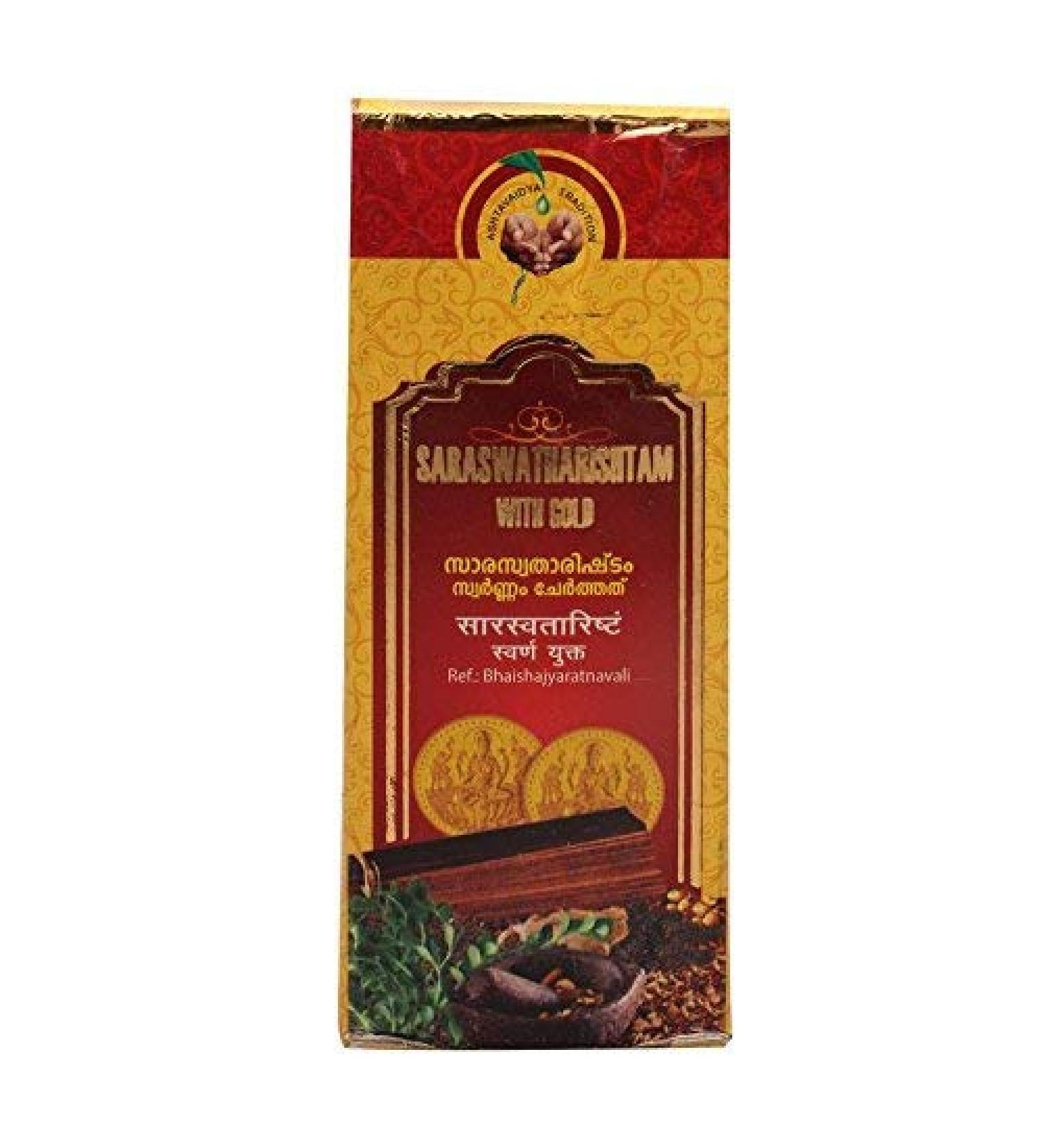Saraswatharishtam with Gold 100 ML - Premium Ayurvedic Tonic | Vaidyaratnam Ayurveda Products - Buy Online Worldwide - Buy Online on GoSupps.com