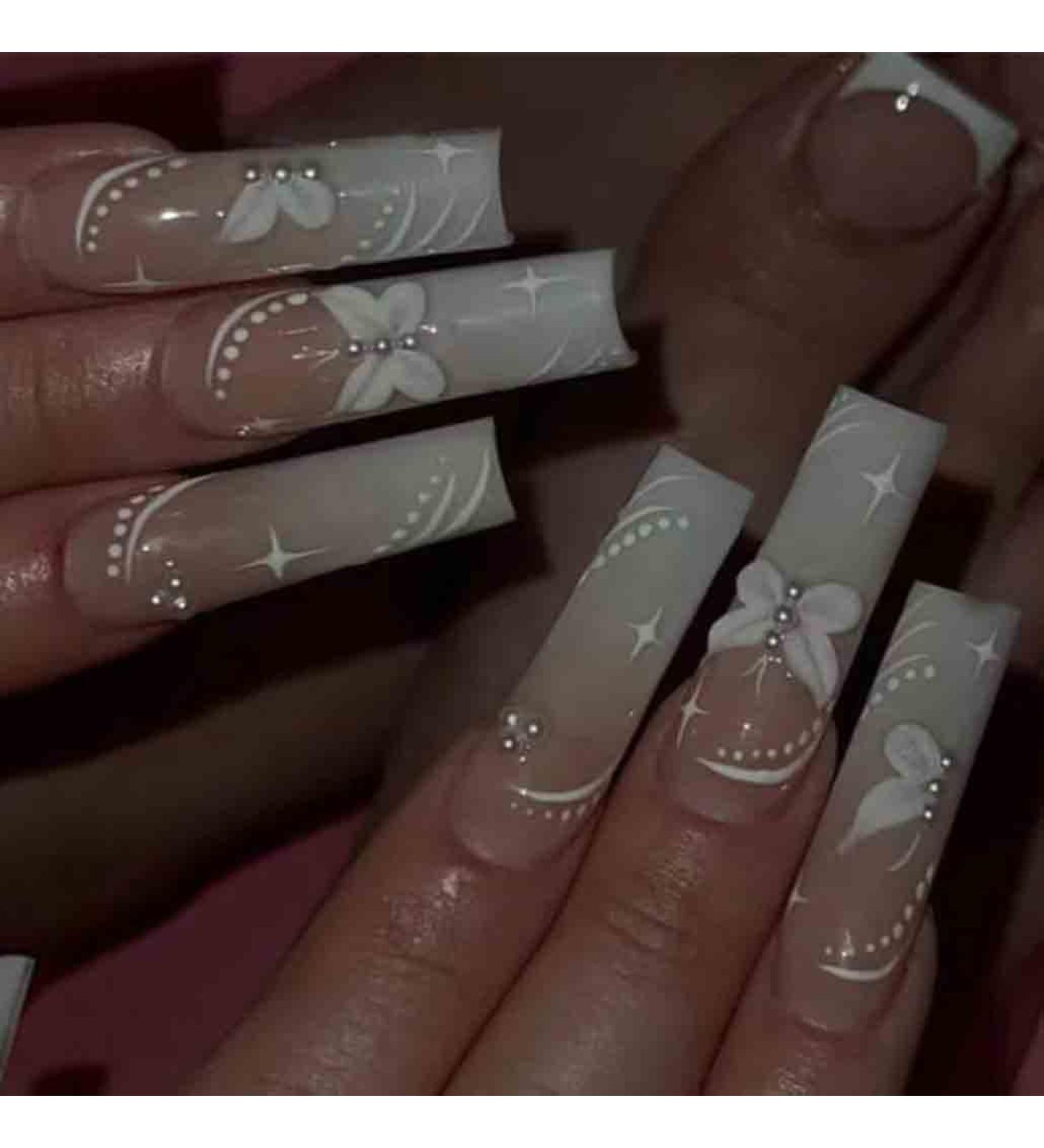 Foccna Pearl Flower Long White Press on Nails - 24PCS Full Cover Coffin Butterfly False Nails for Women and Girls - Buy Online on GoSupps.com