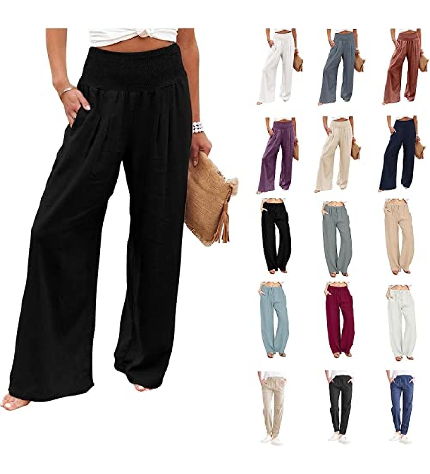 Bidobibo High Waisted Linen Palazzo Pants for Women - Boho Casual Trousers with Pockets | Beach Lounge Wear | Black, Medium - Buy Online on GoSupps.com