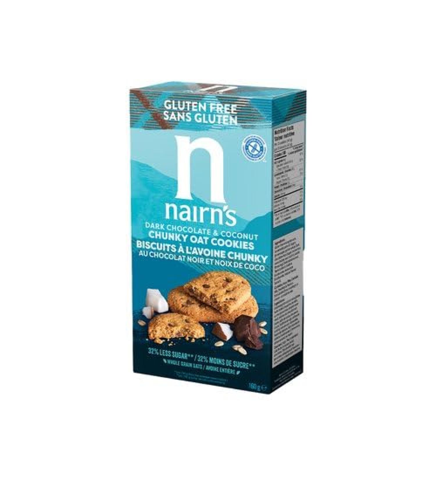 Nairn s Dark Chocolate & Coconut Chunky Oat Cookies | Made with Gluten Free Wholegrain Oats | High Fibre | Vegetarian | No Artificial Colours Flavours or Preservatives | 160g - Buy Online on GoSupps.com