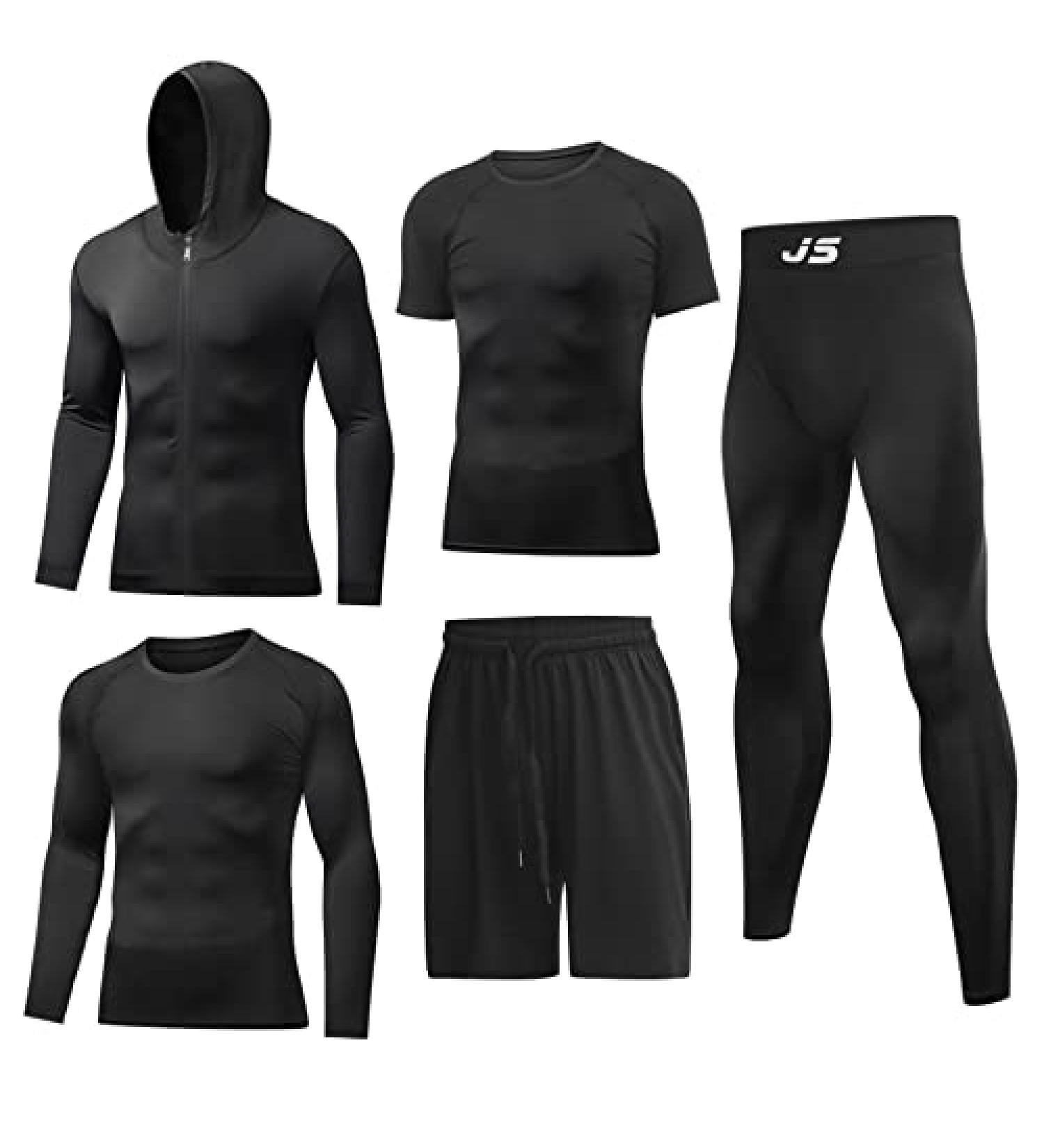 JULY'S SONG Men Compression Workout Set - 5 PCS Dry Quick Clothing for Gym, Black, Large - Buy Online on GoSupps.com