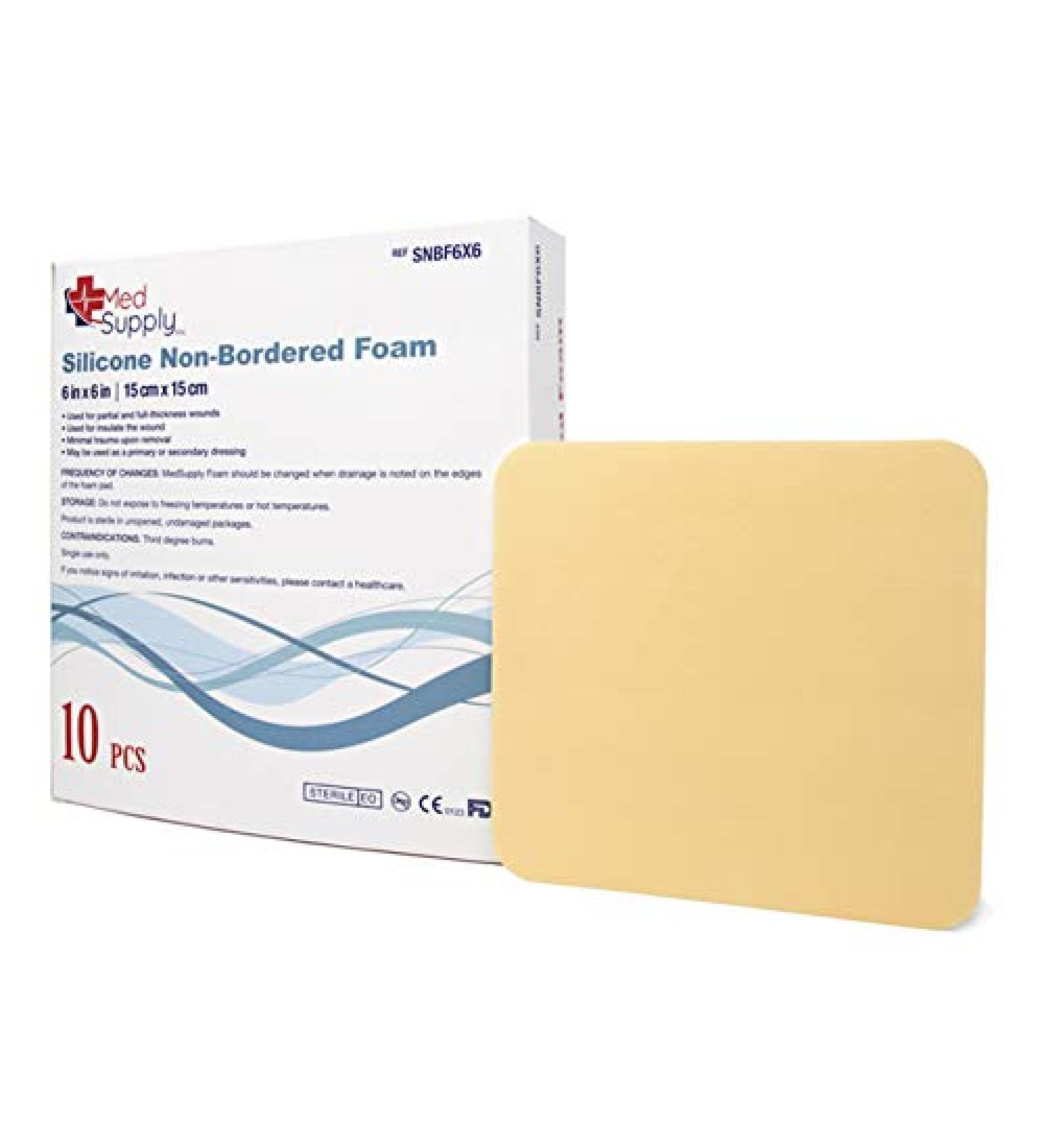 Medical Grade Premium MedSupply Silicone Non-Bordered Foam Dressing. (6' x 6'') Box of 10